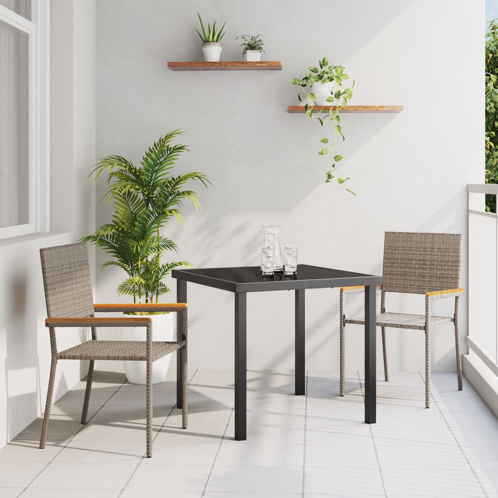 Hage stabelstoler 2 pcs Grå og Brun PE rattan, solid akasietre