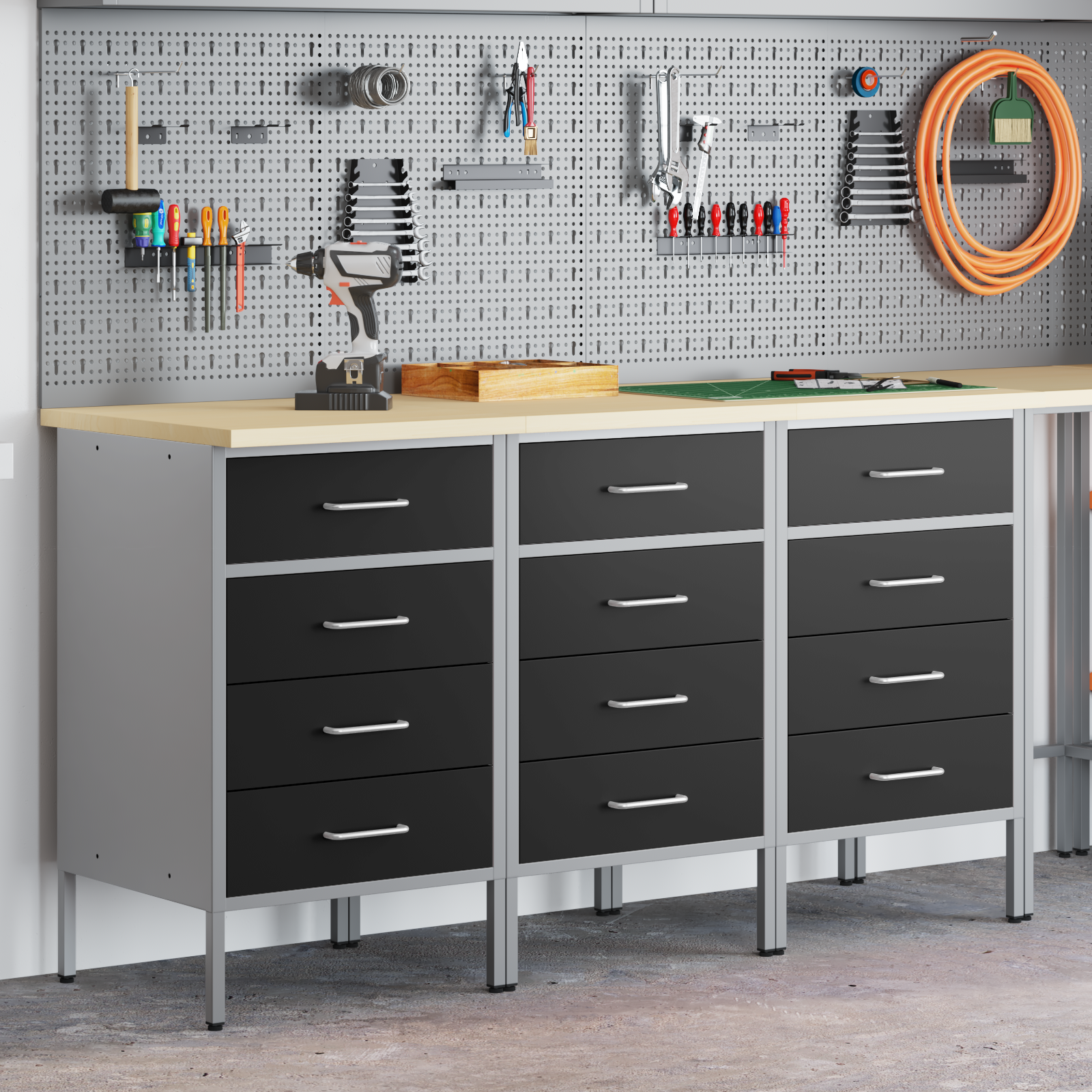 Arbeidsskap med skuff 3 pcs Svart og Grå 150 x 55 x 85 cm