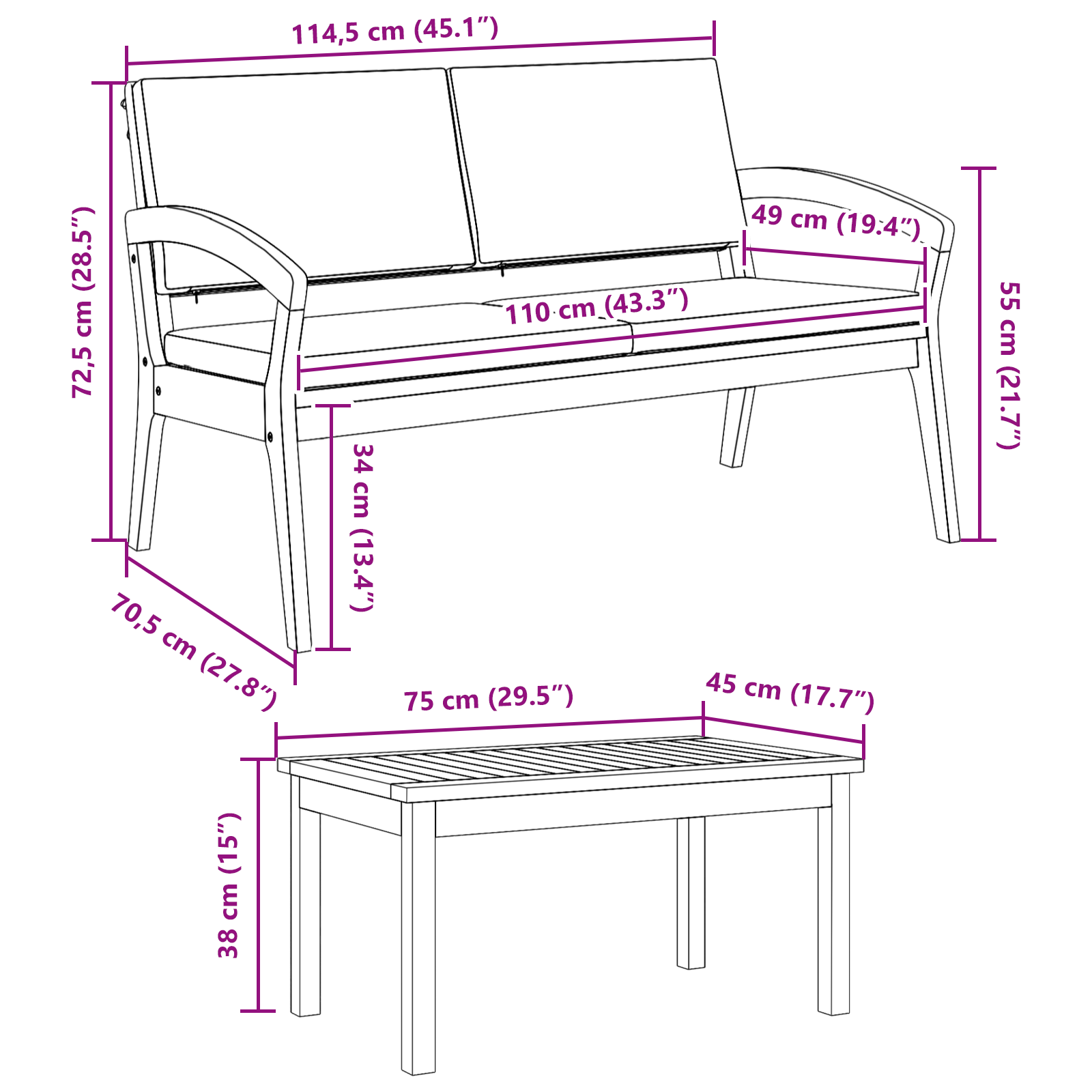 Bistrosett 3 pcs Brun 75 x 45 x 38cm Massivt akasietre