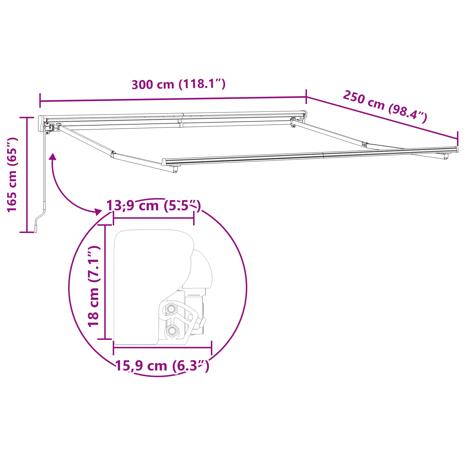 Innvendbar Markise Antrasitt 300x250 cm stoff