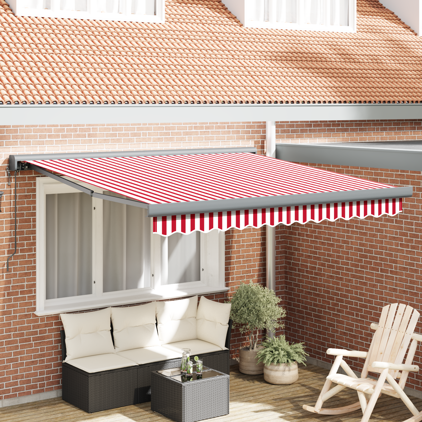 Innvendbar Markise Rød og hvit 300 x 250 cm Stoff, Metall