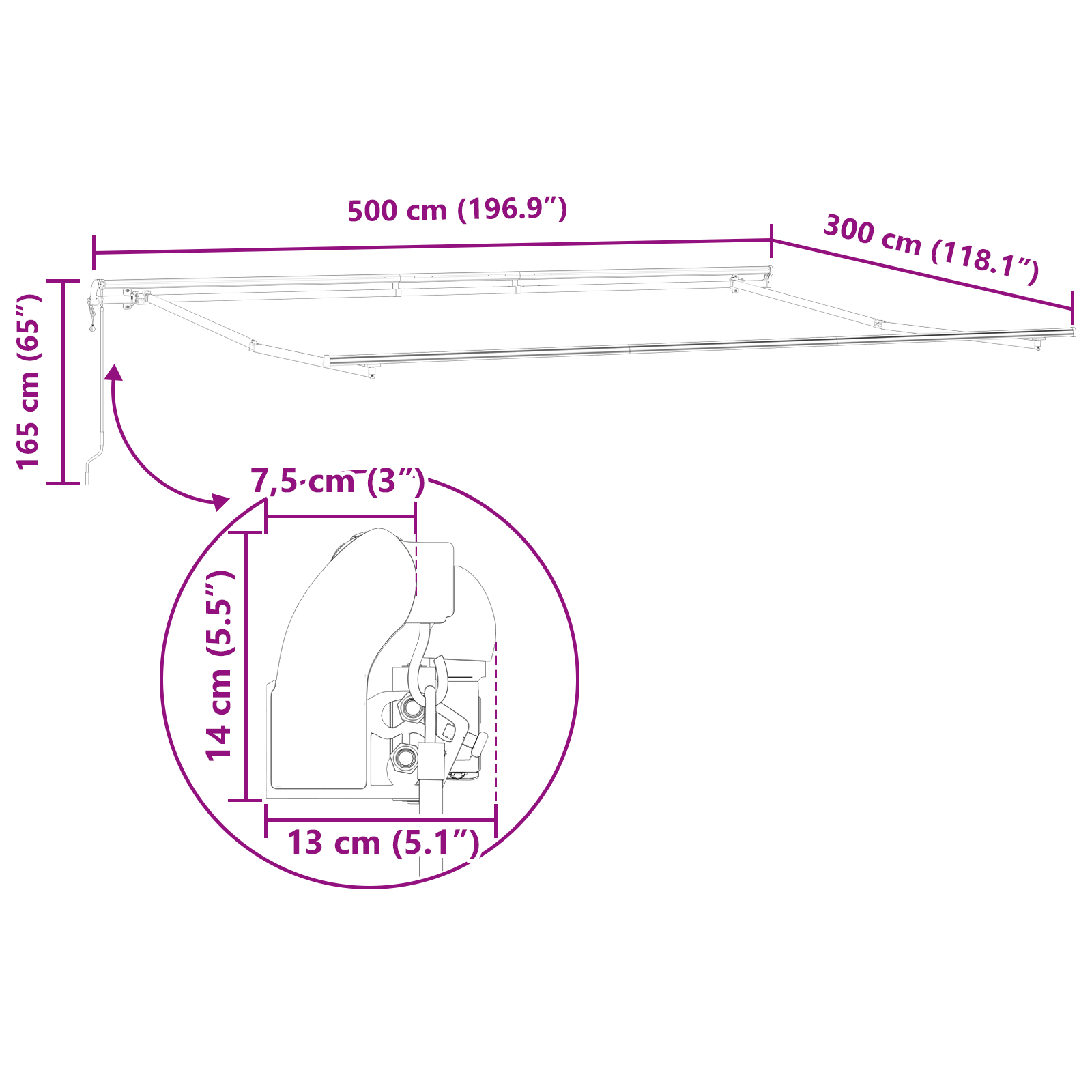 Innvendbar Markise 500 × 300 cm Flerfarget