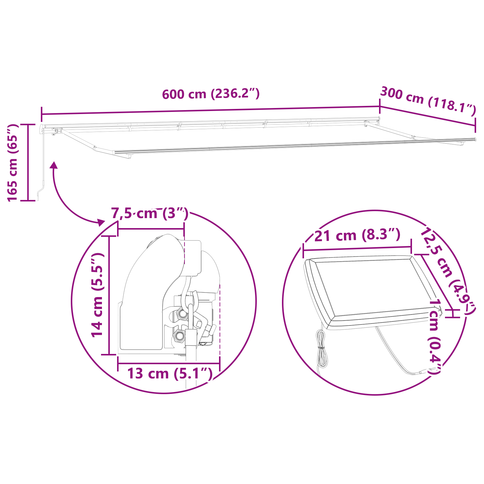 Innvendbar Markise med LED -stripelys Hvit 600 ×300 cm stoff