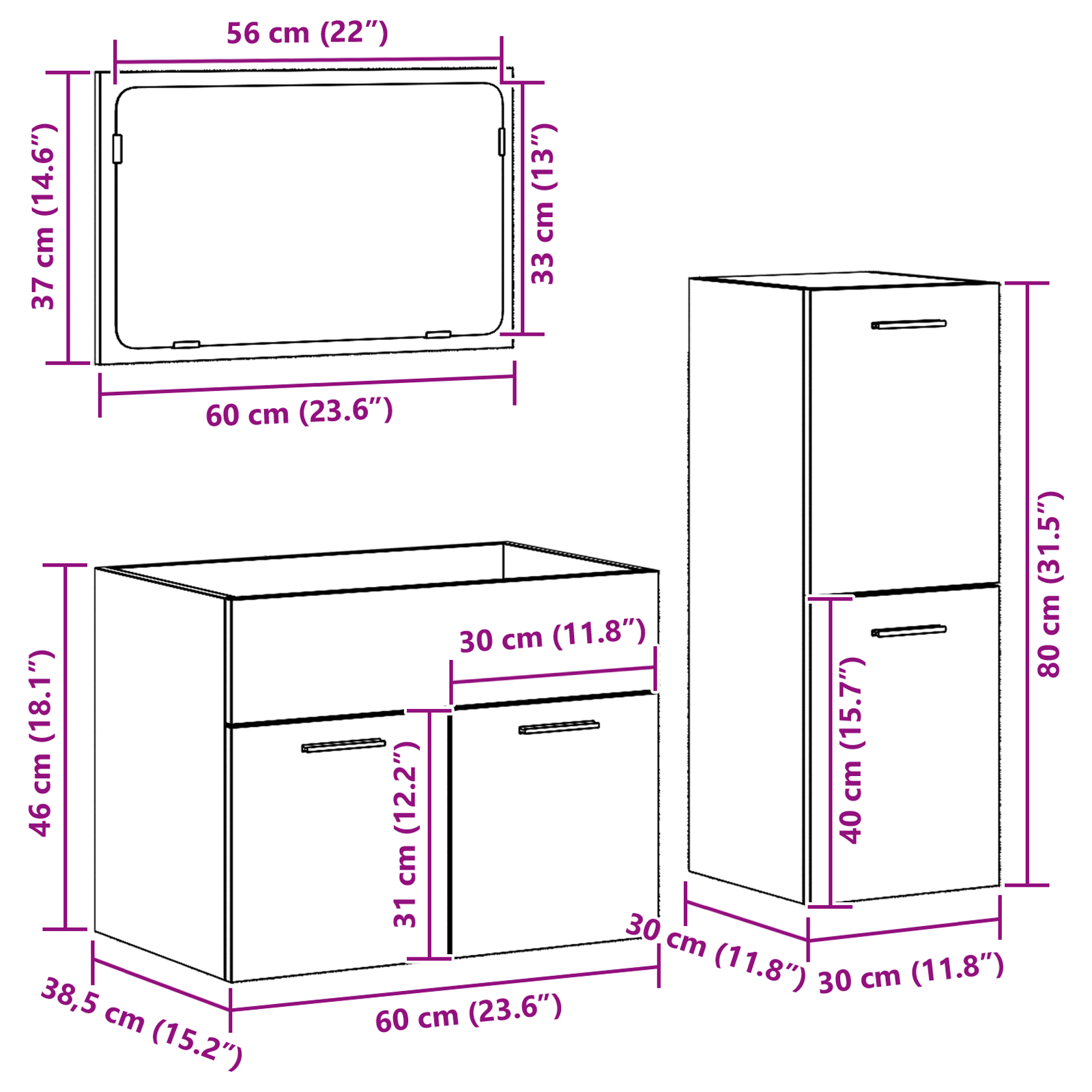 Bademøbelsett 3 pcs Gamle tre 60 x 38.5 x 46 cm Konstruert tre