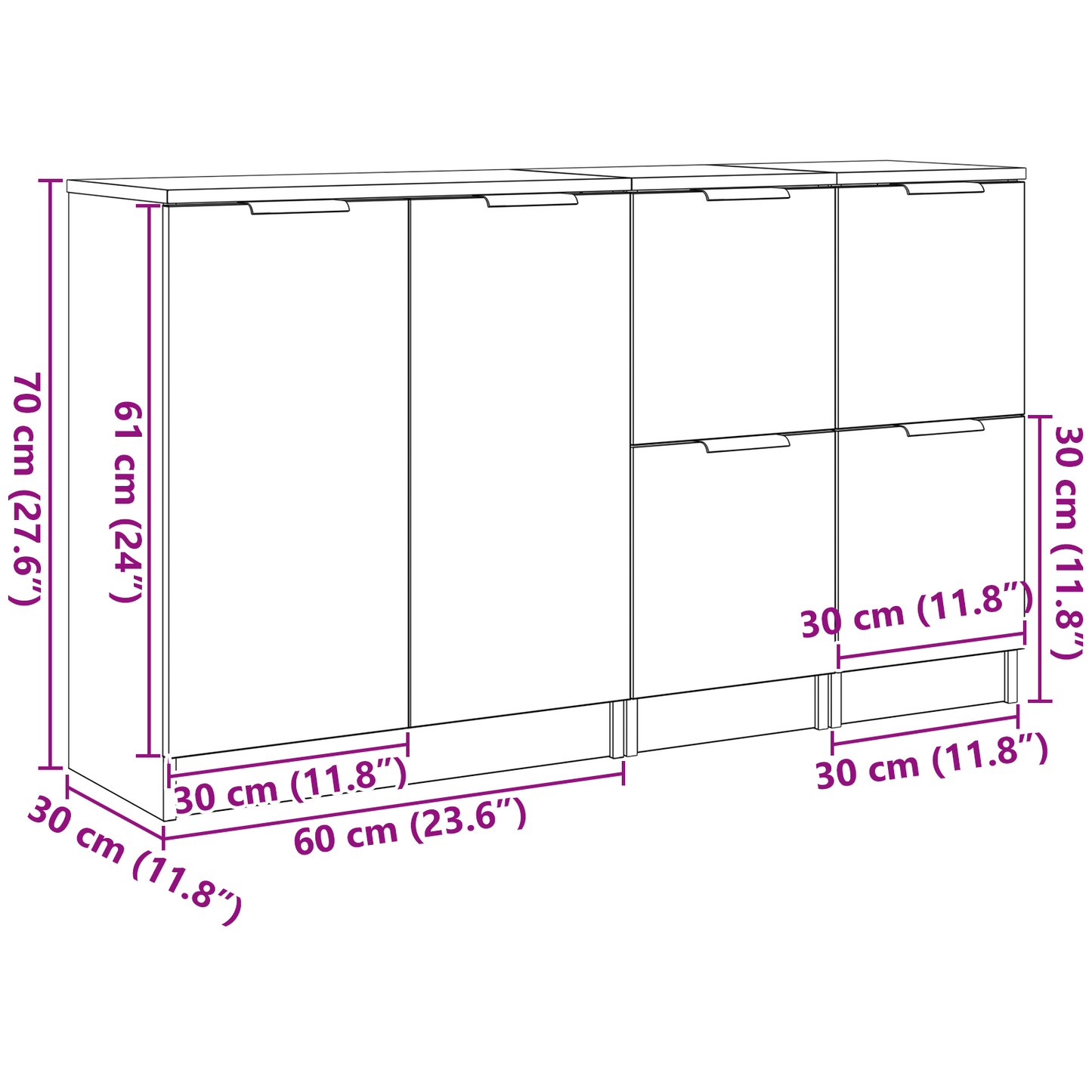 Serviesskap 3 stk. Svart Eik 120 x 30 x 70 cm Konstruert tre