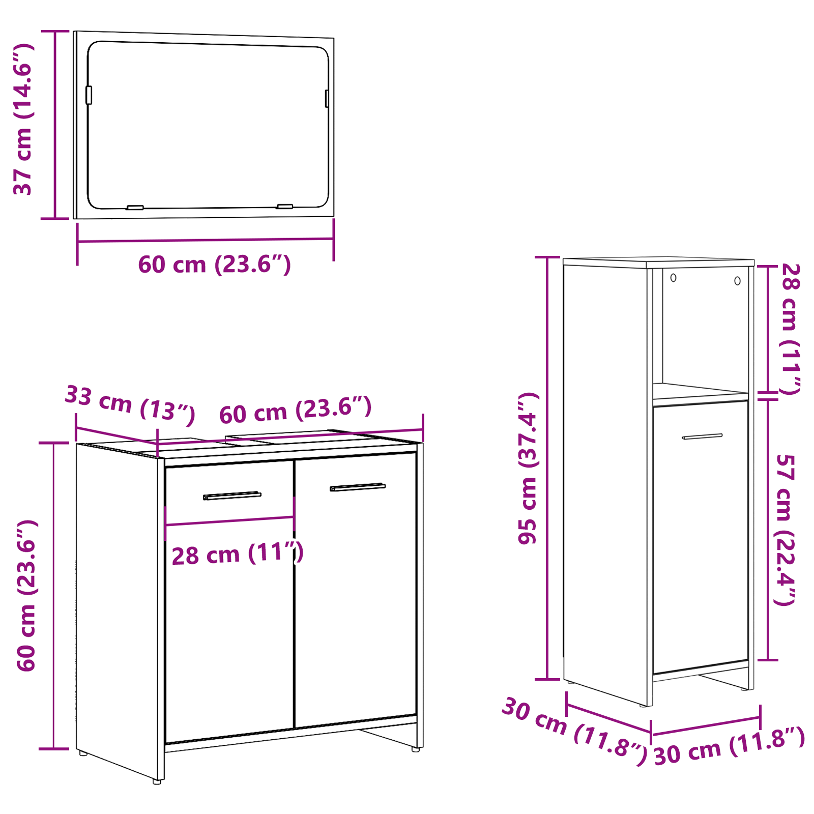 Baderomsmøbelsett Veggmontert 3 pcs Svart Eik 60 x 33 x 60 cm