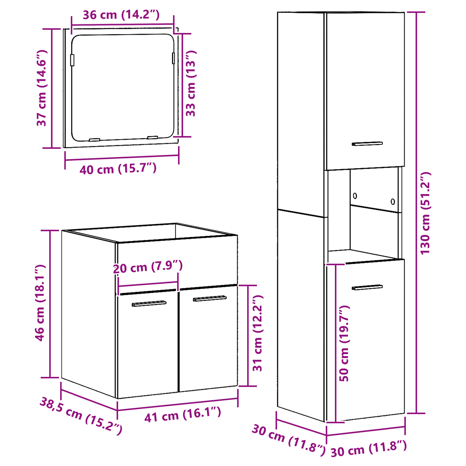 Badmøbelsett 3 pcs Gamle tre 41 x 38.5 x 46 cm Konstruert tre