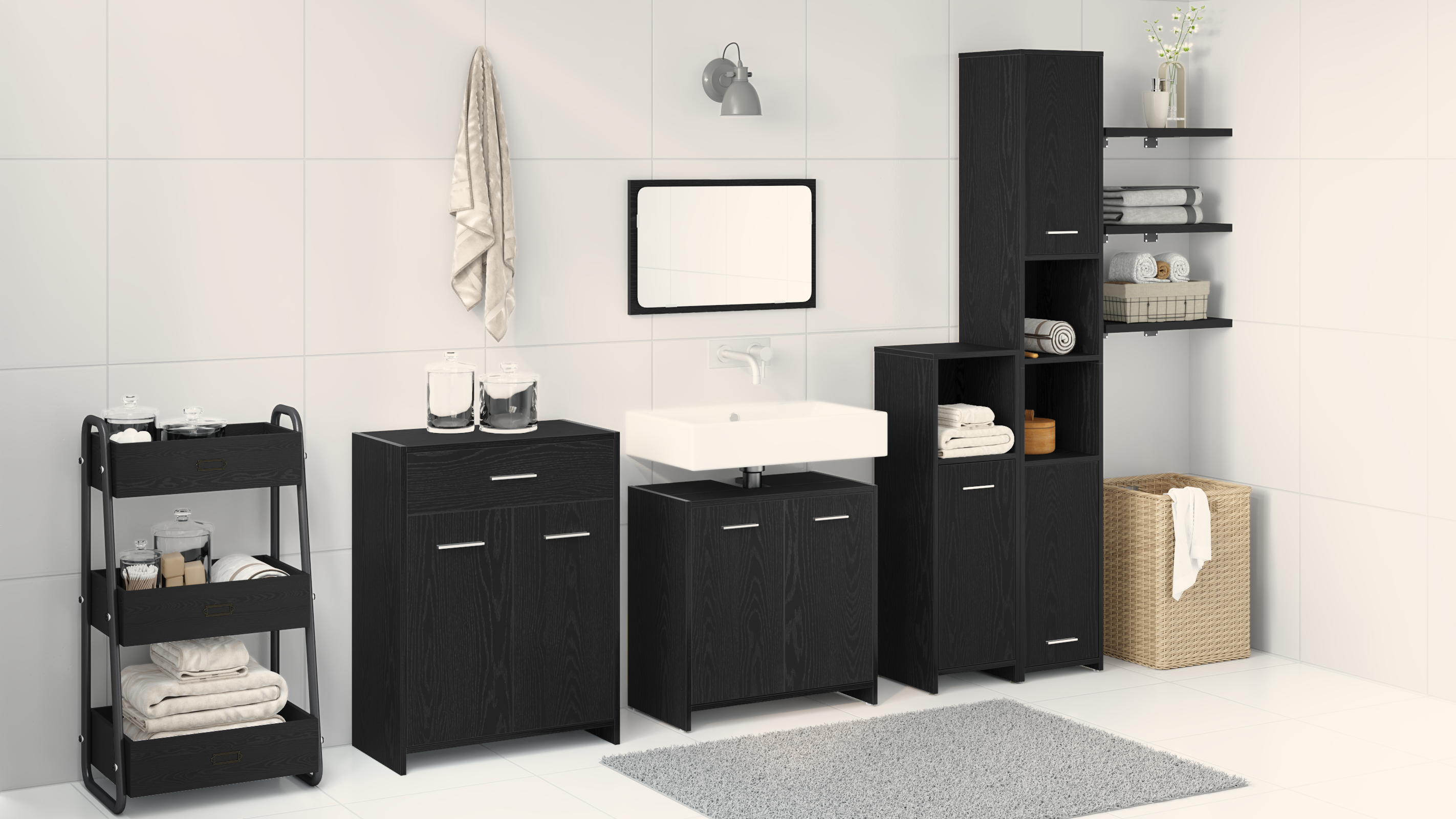 Baderomsmøbelsett med skuff 4 pcs Svart Eik 30 x 30 x 183.5 cm