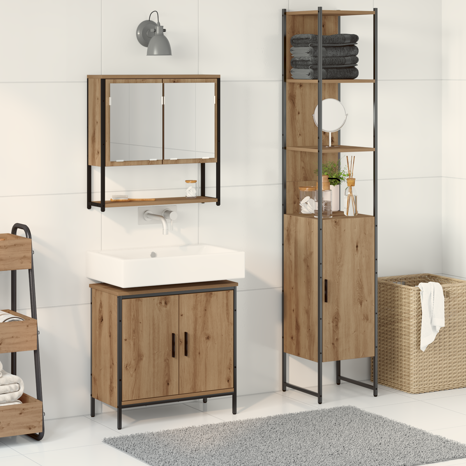 Baderomsinnredningssett med hylle 3 pcs Brun 33 x 33 x 185.5 cm