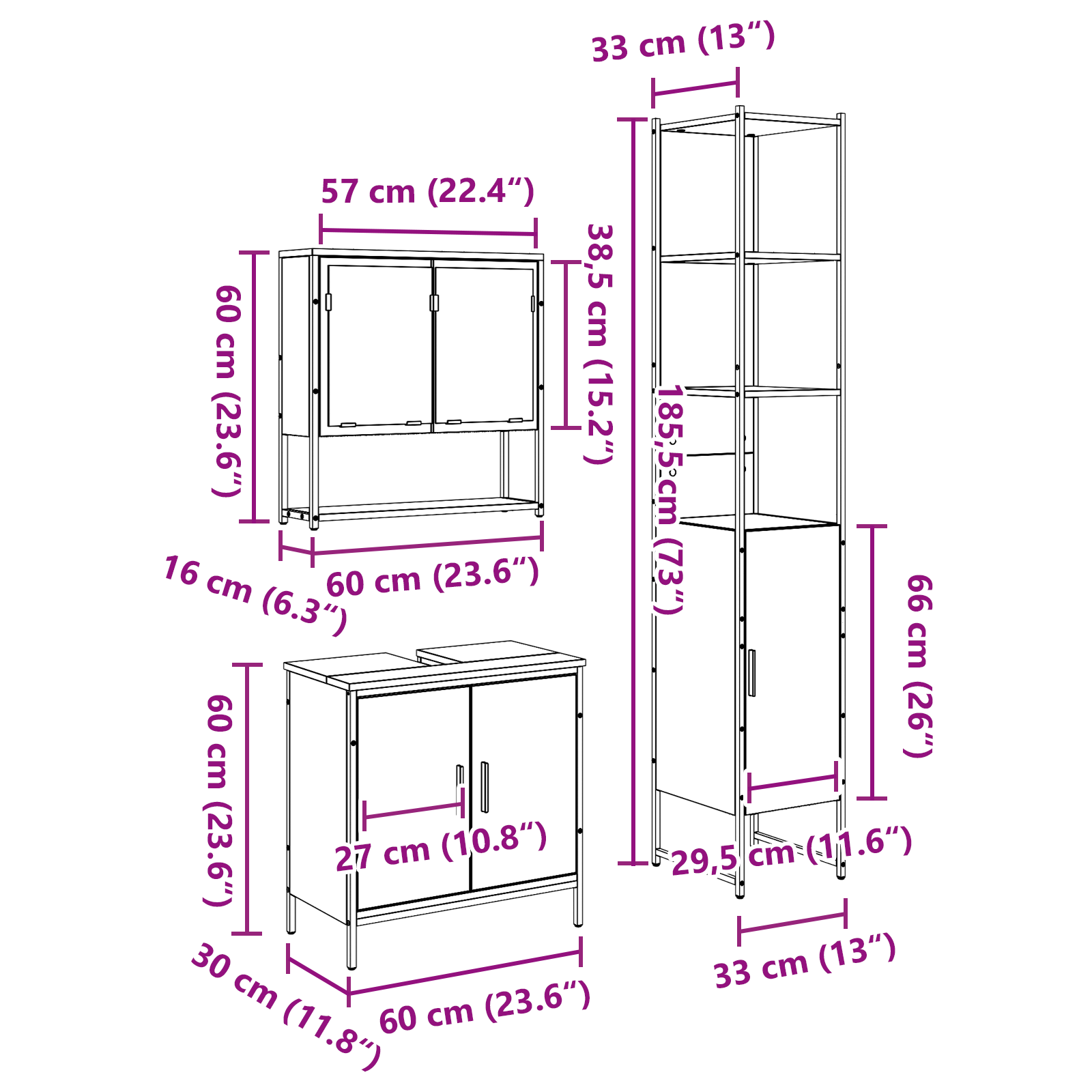 Baderomsinnredningssett med hylle 3 pcs Brun 33 x 33 x 185.5 cm