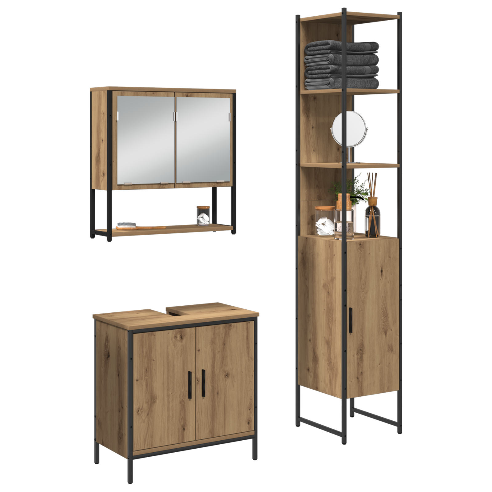 Baderomsinnredningssett med hylle 3 pcs Brun 33 x 33 x 185.5 cm