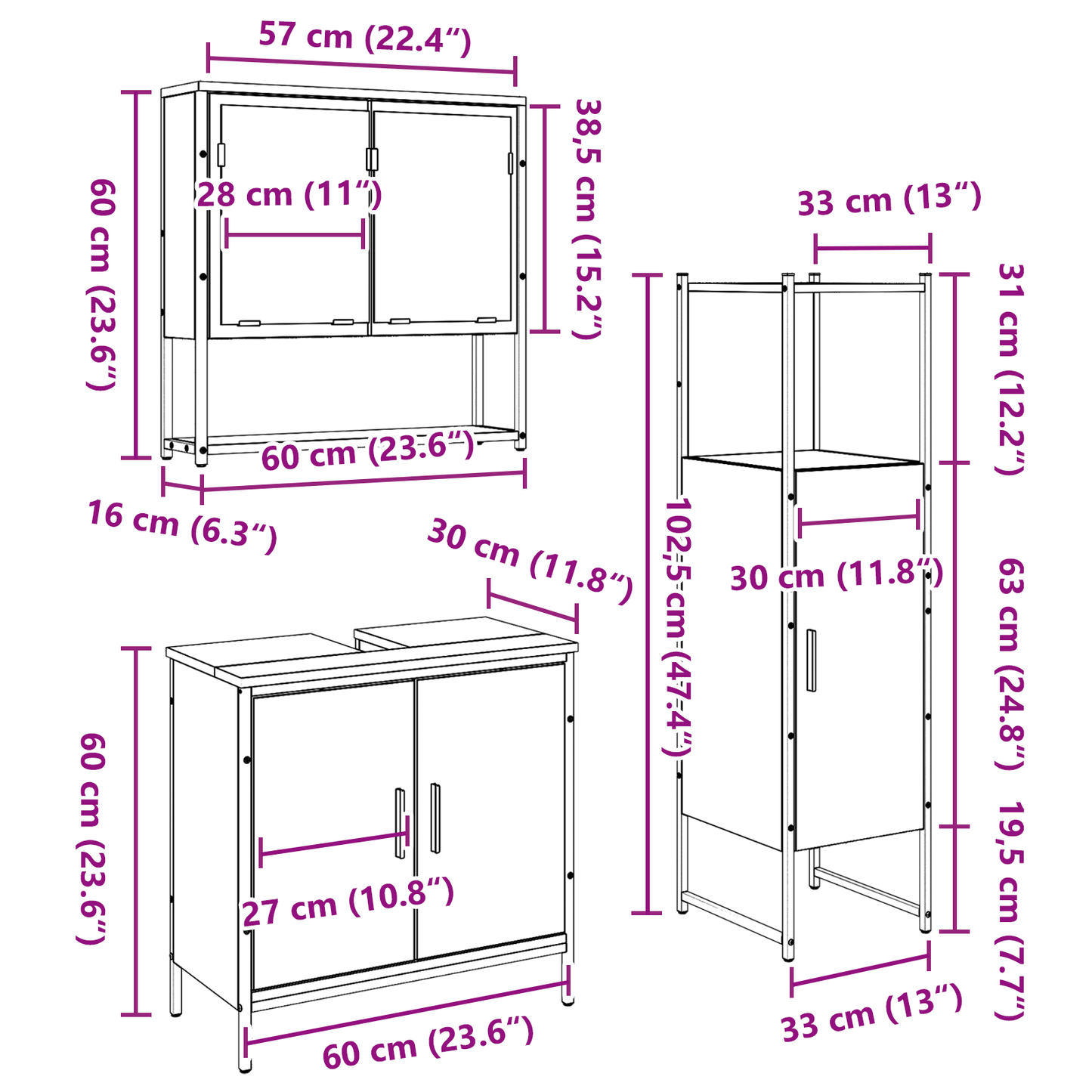 Baderomsinnredningssett 3 stk. Brun 33 x 33 x 113,5 cm