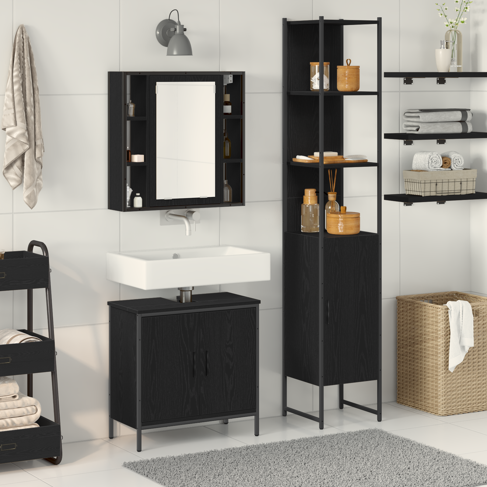 Baderomsspeilskap Svart 33 x 33 x 185.5 cm Konstruert tre