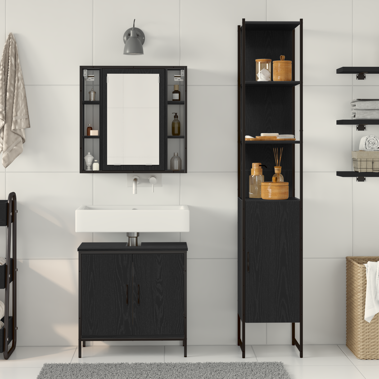 Baderomsspeilskap Svart 33 x 33 x 185.5 cm Konstruert tre