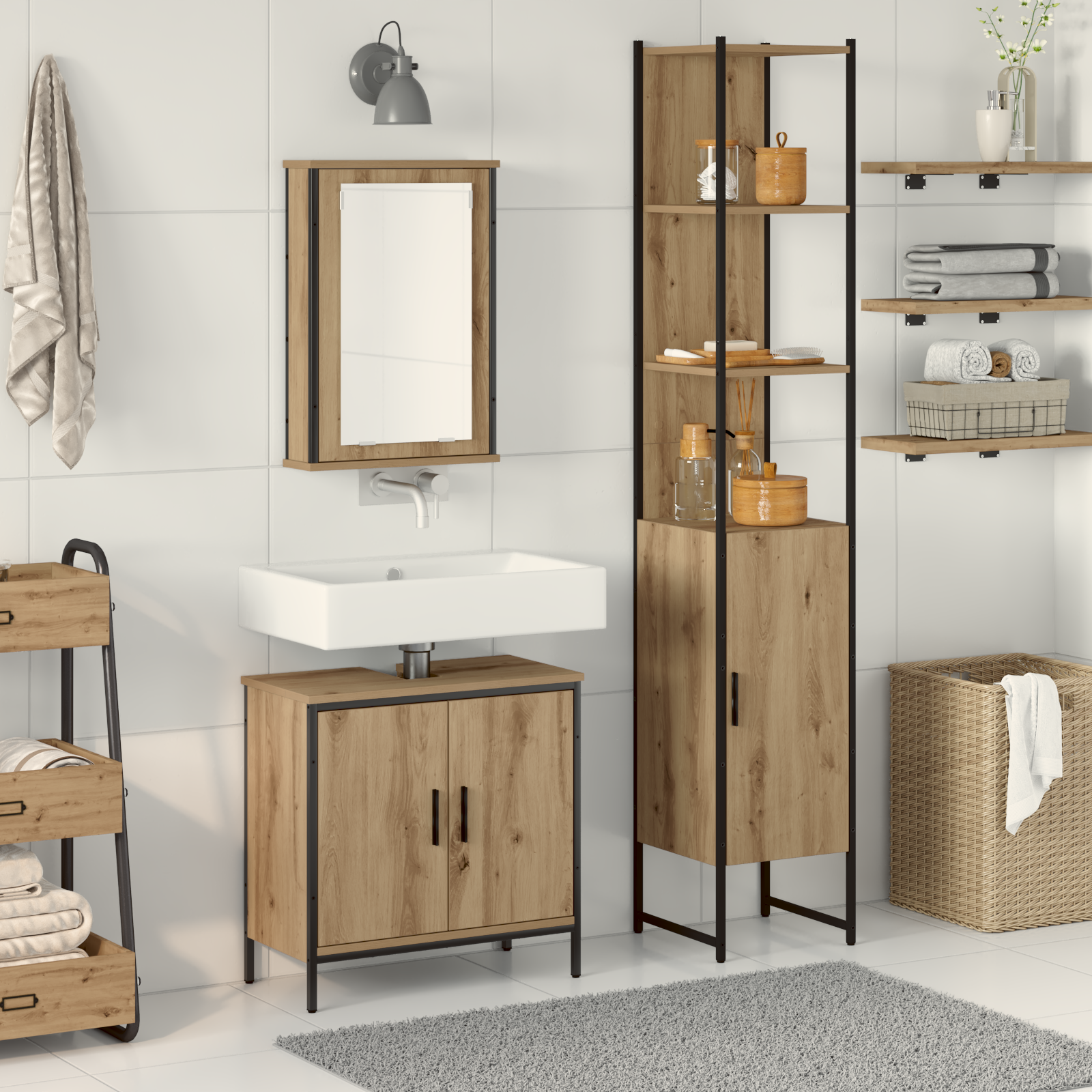 Baderomsinnredningssett med hylle 3 pcs Brun 33 x 33 x 185.5 cm