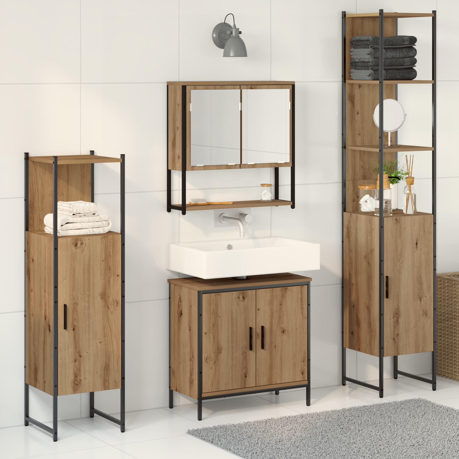 Baderomsinnredningssett med dør 4 pcs Brun 33 x 33 x 185.5 cm