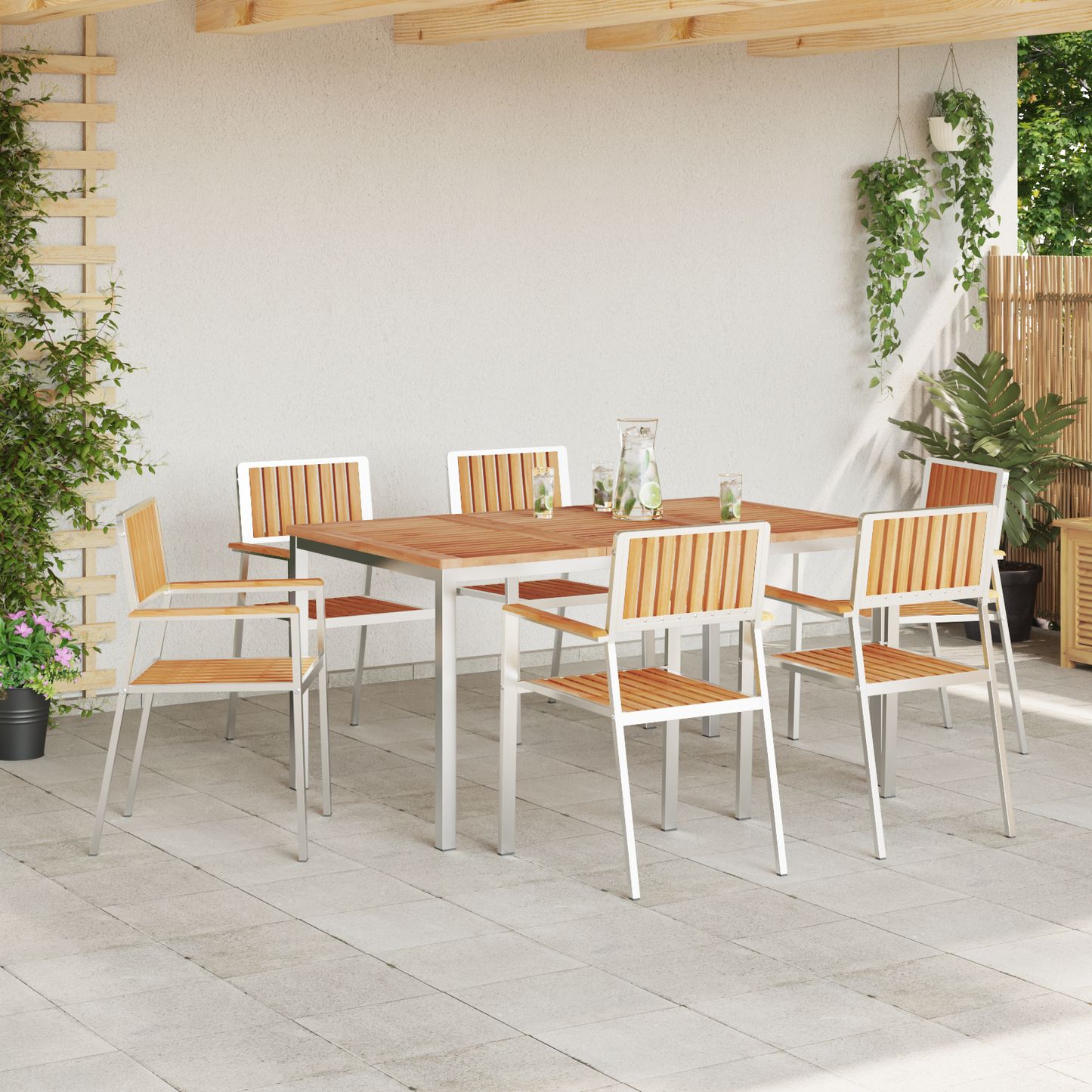 Utendørs spisestue sett 7 pcs Massiv teak og rustfritt stål