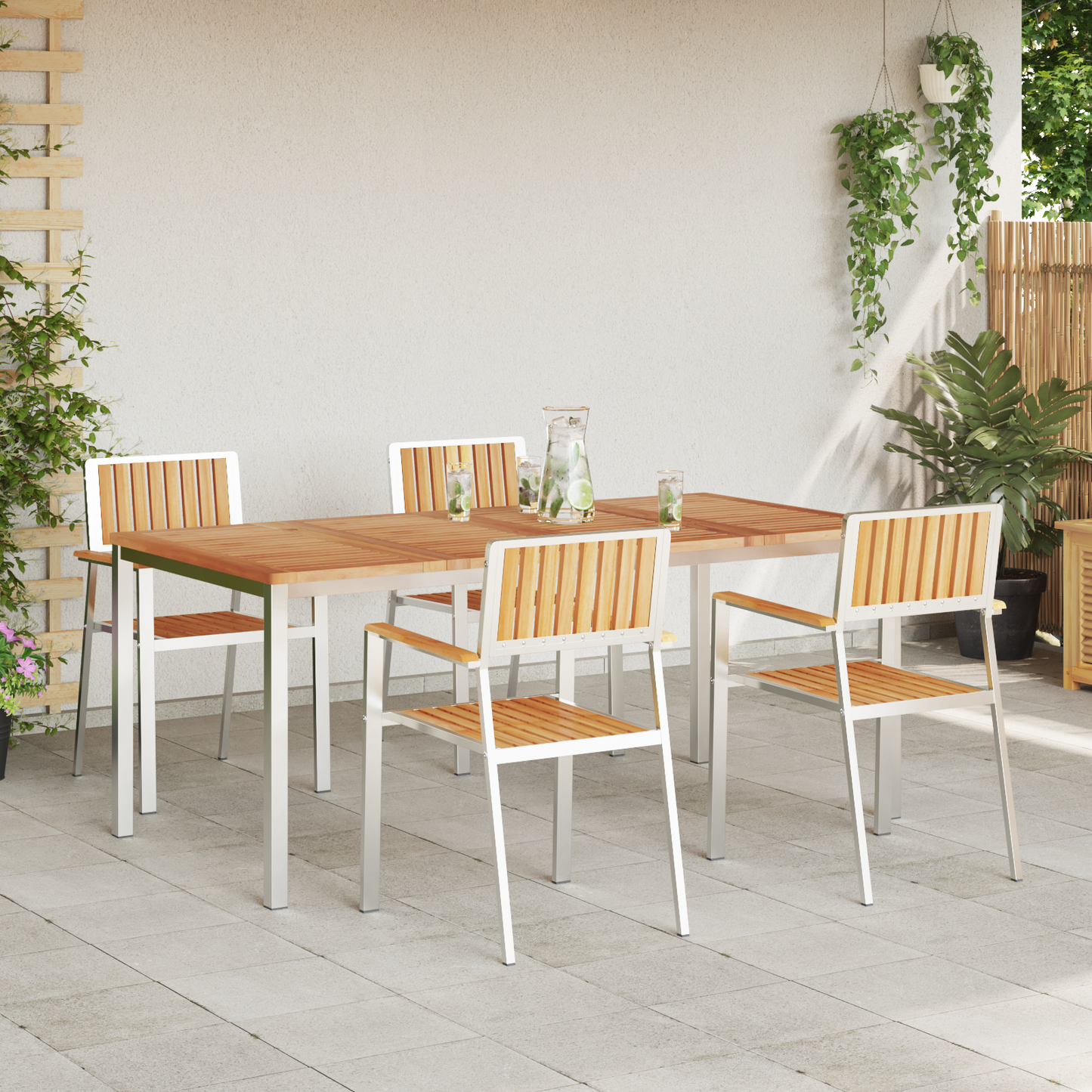 Utendørs spisestue sett 5 pcs Massiv teak og rustfritt stål