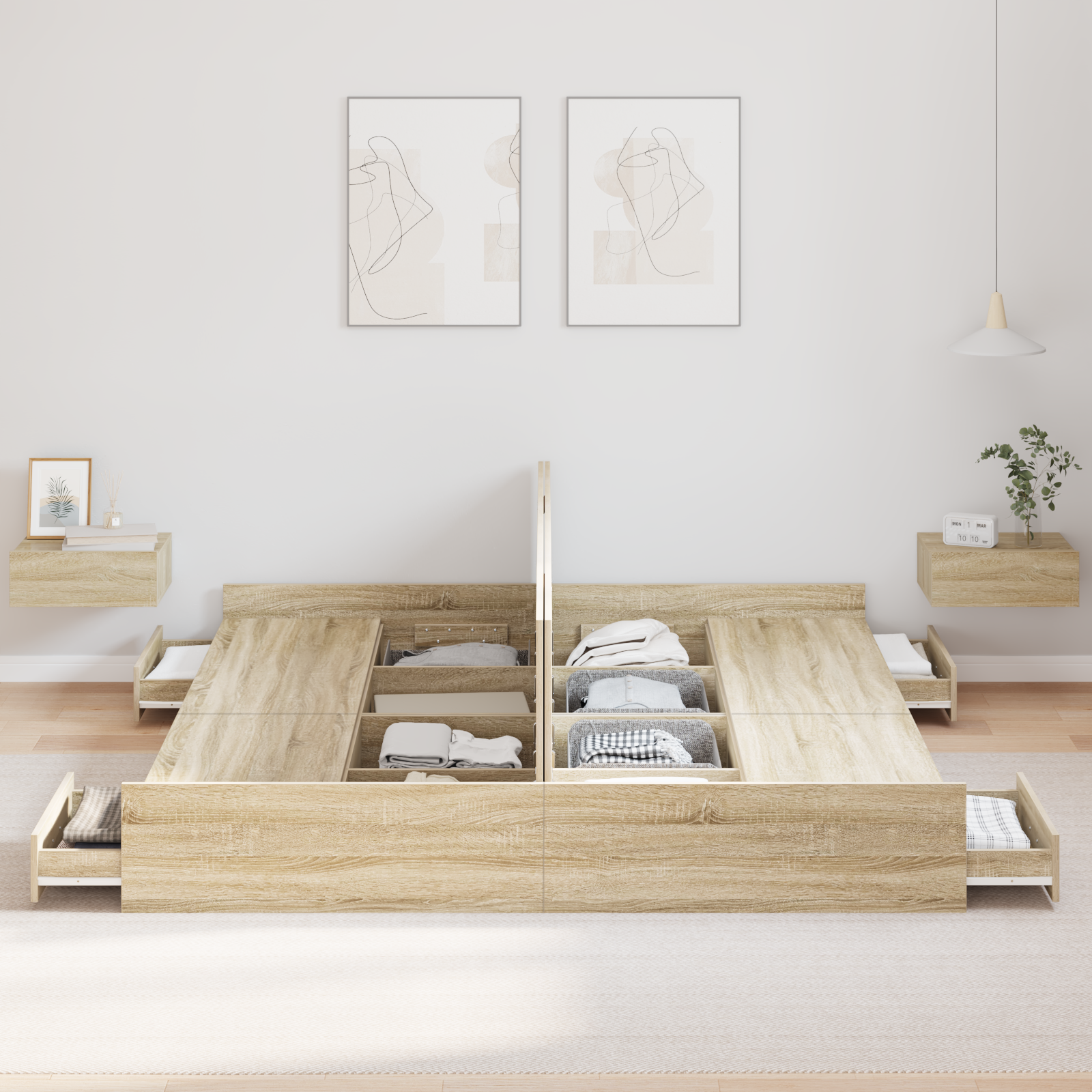 Seng med lagring Sonoma eik 200 x 200 cm Konstruert tre