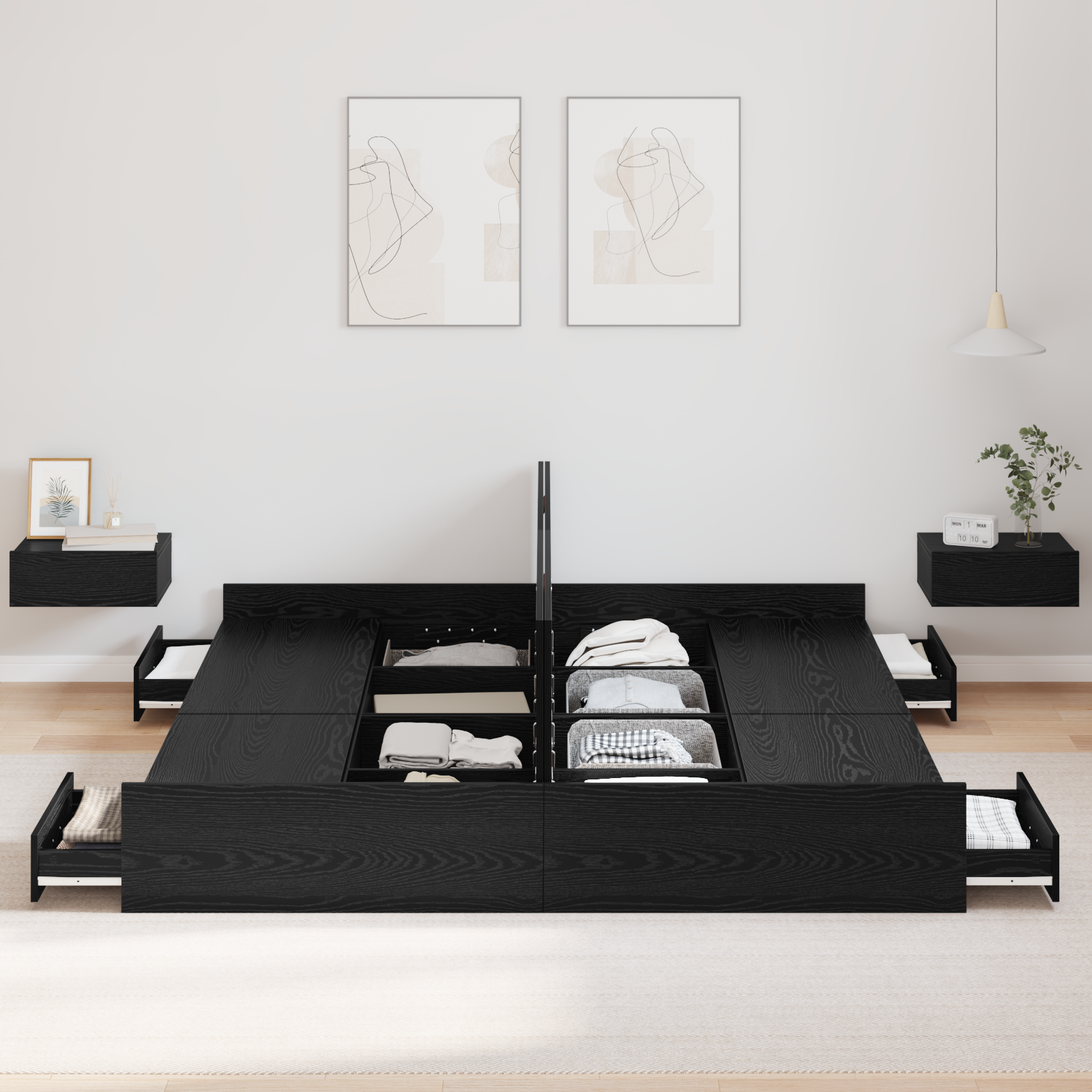 Seng med lagring Svart Eik 180 x 200 cm Konstruert tre