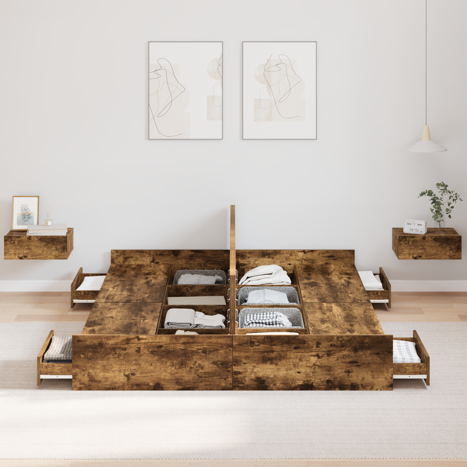 Seng med lagring med skuff Røkt eik 160 x 200 cm Konstruert tre