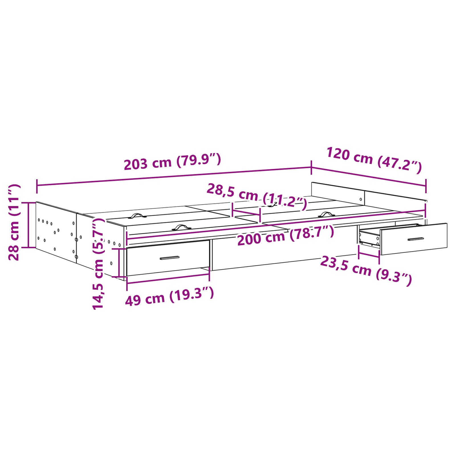 Seng med lagring Svart Eik 120 x 200 cm Konstruert tre