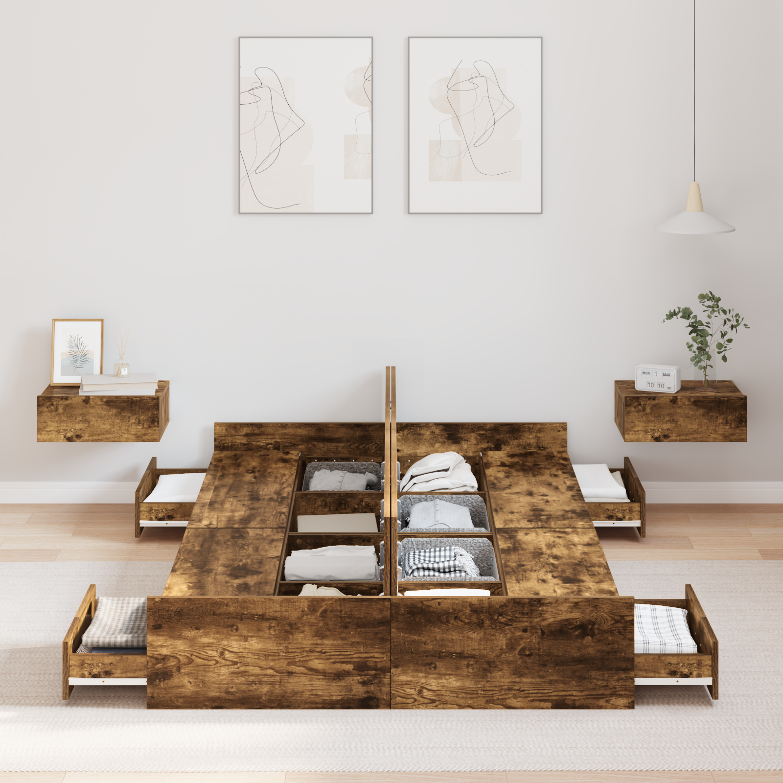 Seng med lagring med skuff Røkt eik 120 x 200 cm Konstruert tre