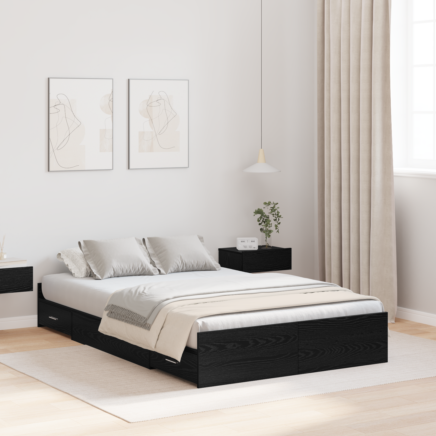 Seng med lagring Svart Eik 120 x 190 cm Konstruert tre