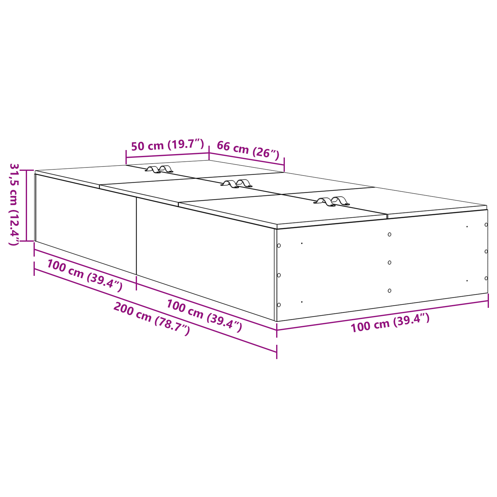 Seng med lagring Røkt eik 100 x 200 cm Konstruert tre