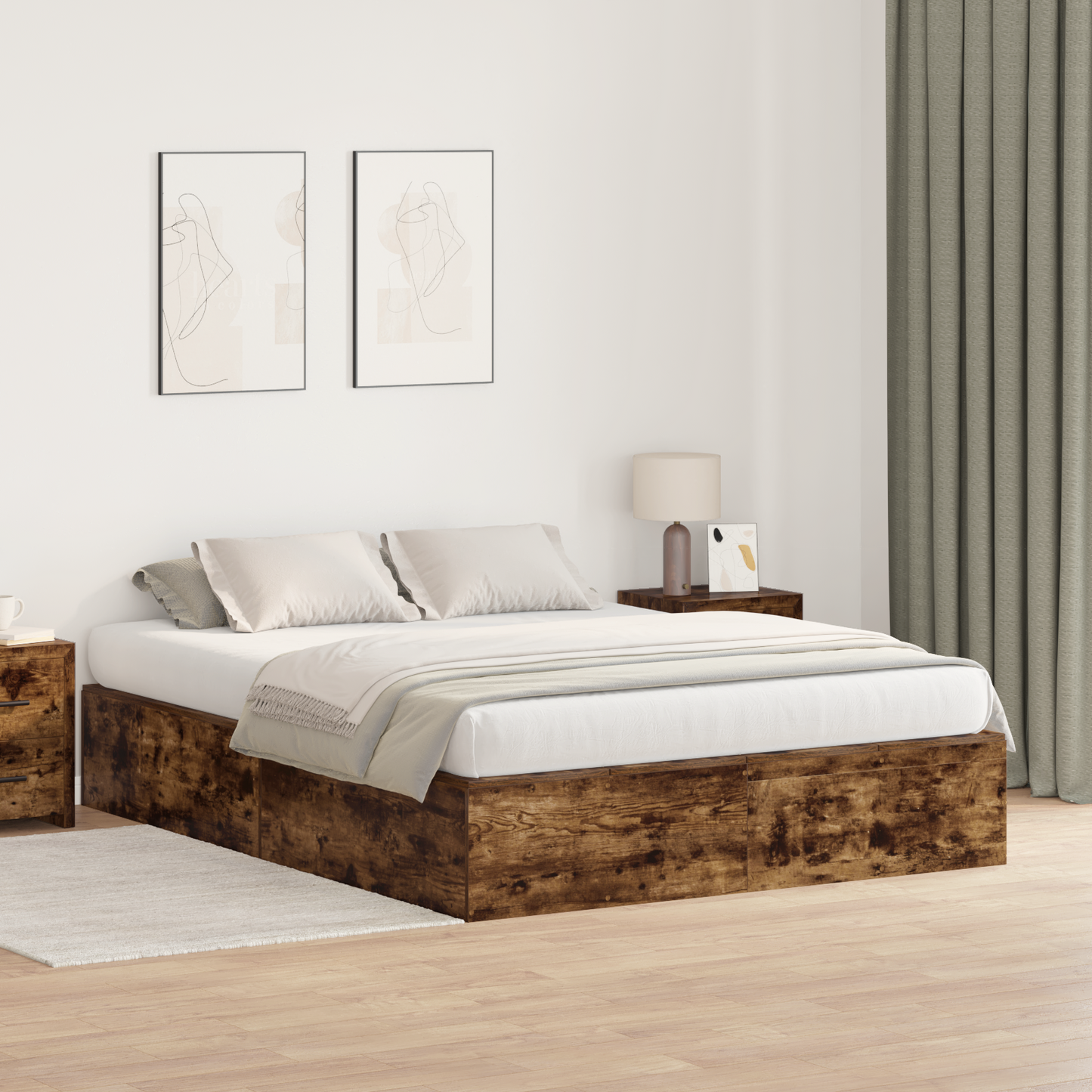 Seng med lagring Røkt eik 150 x 200 cm Konstruert tre