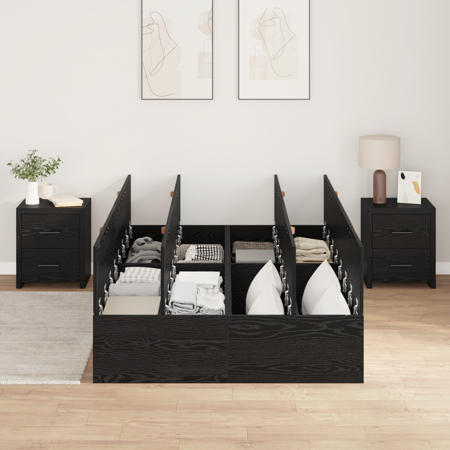 Seng med lagring Svart Eik 120 x 190 cm Konstruert tre