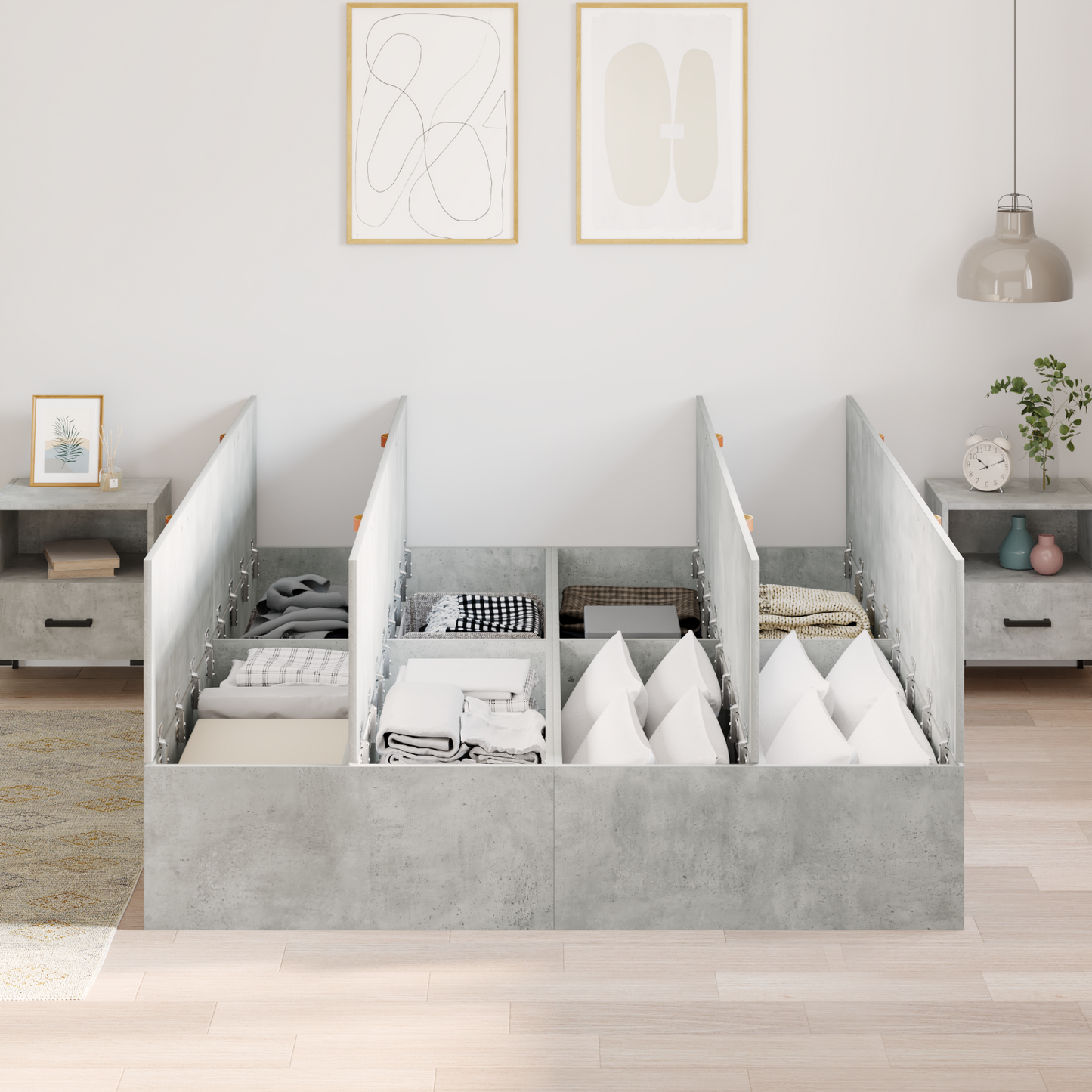 Seng med lagring Betonggrå 140 x 190 cm Konstruert tre