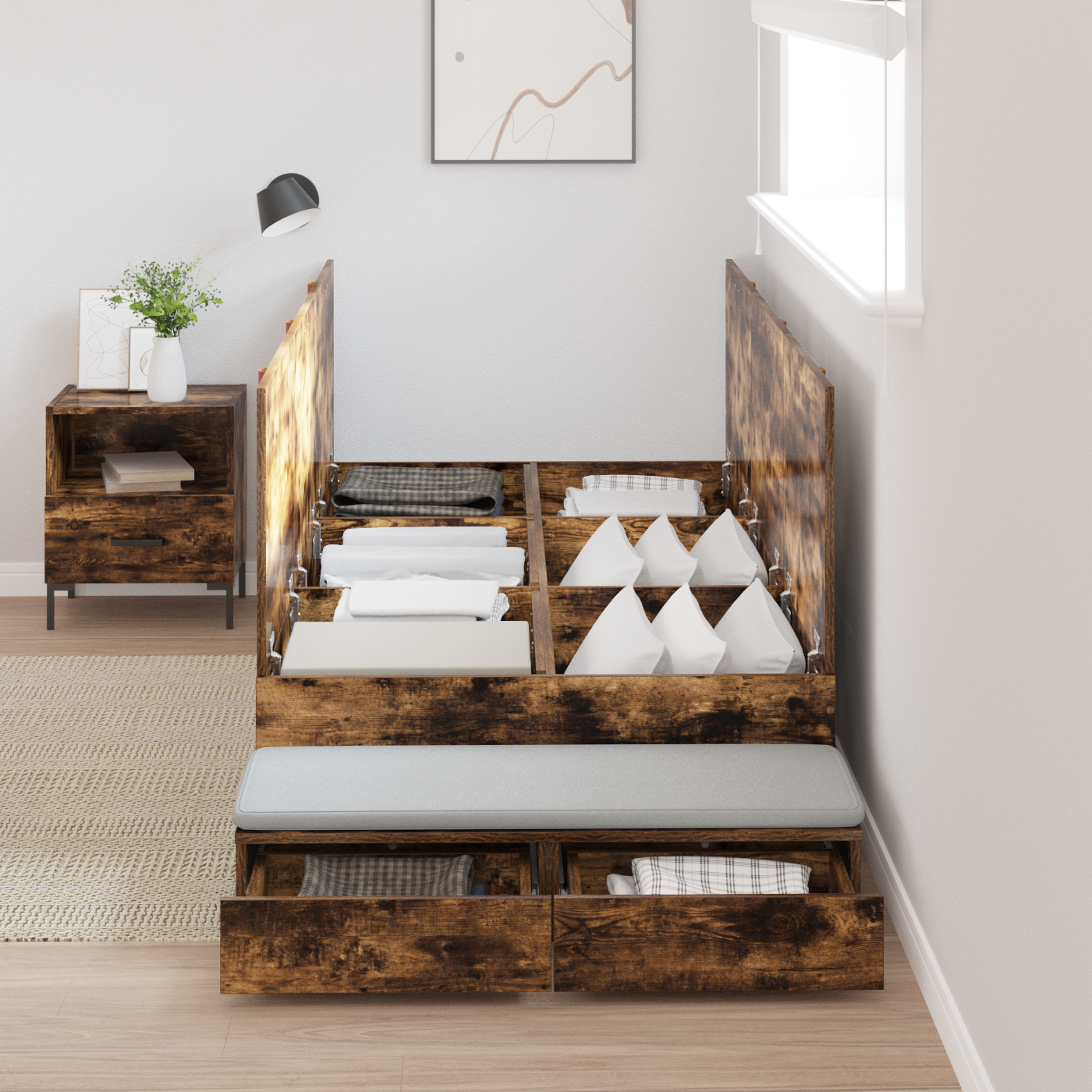 Seng med lagring med skuff Røkt eik 80 cm Konstruert tre