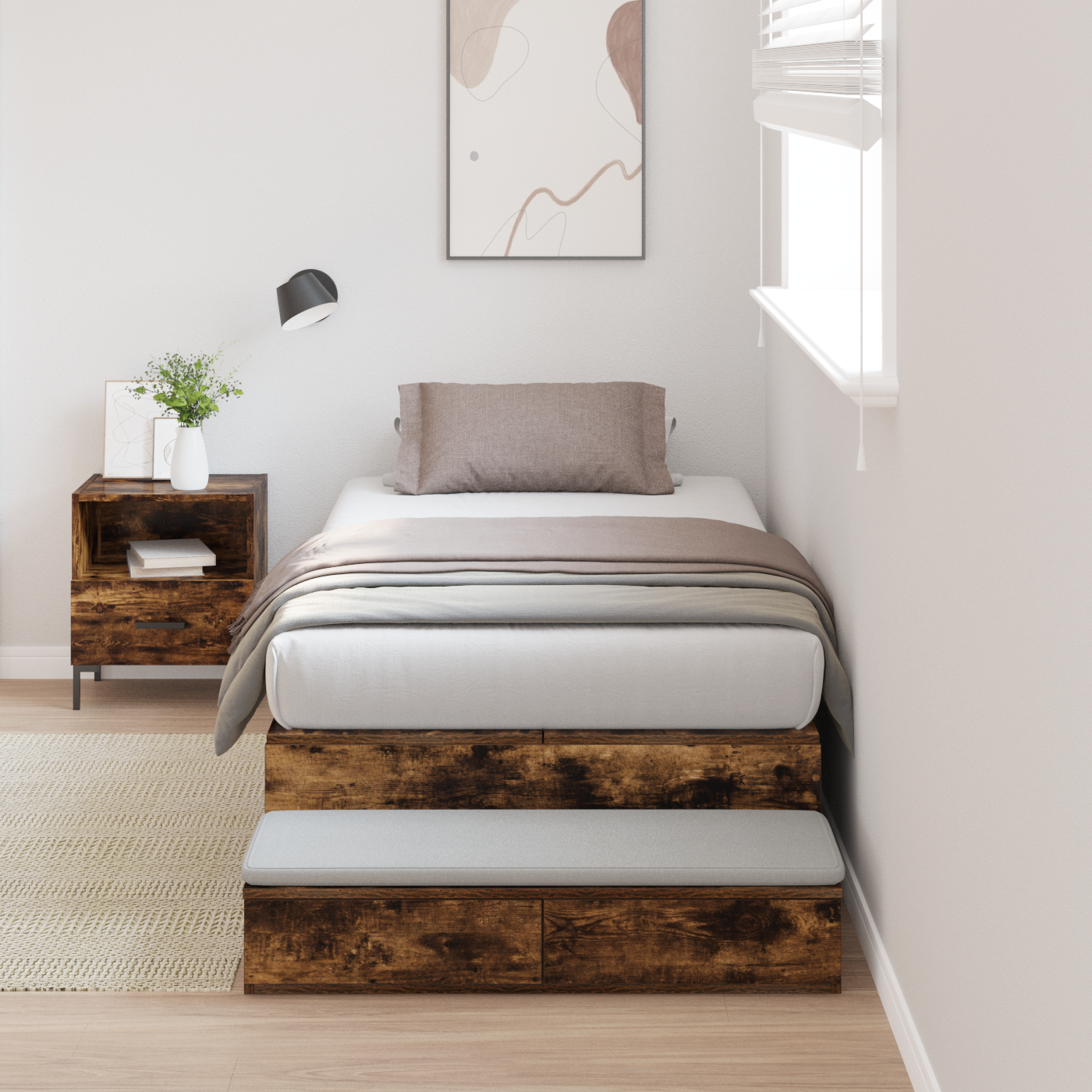 Seng med lagring med skuff Røkt eik 100 cm Konstruert tre