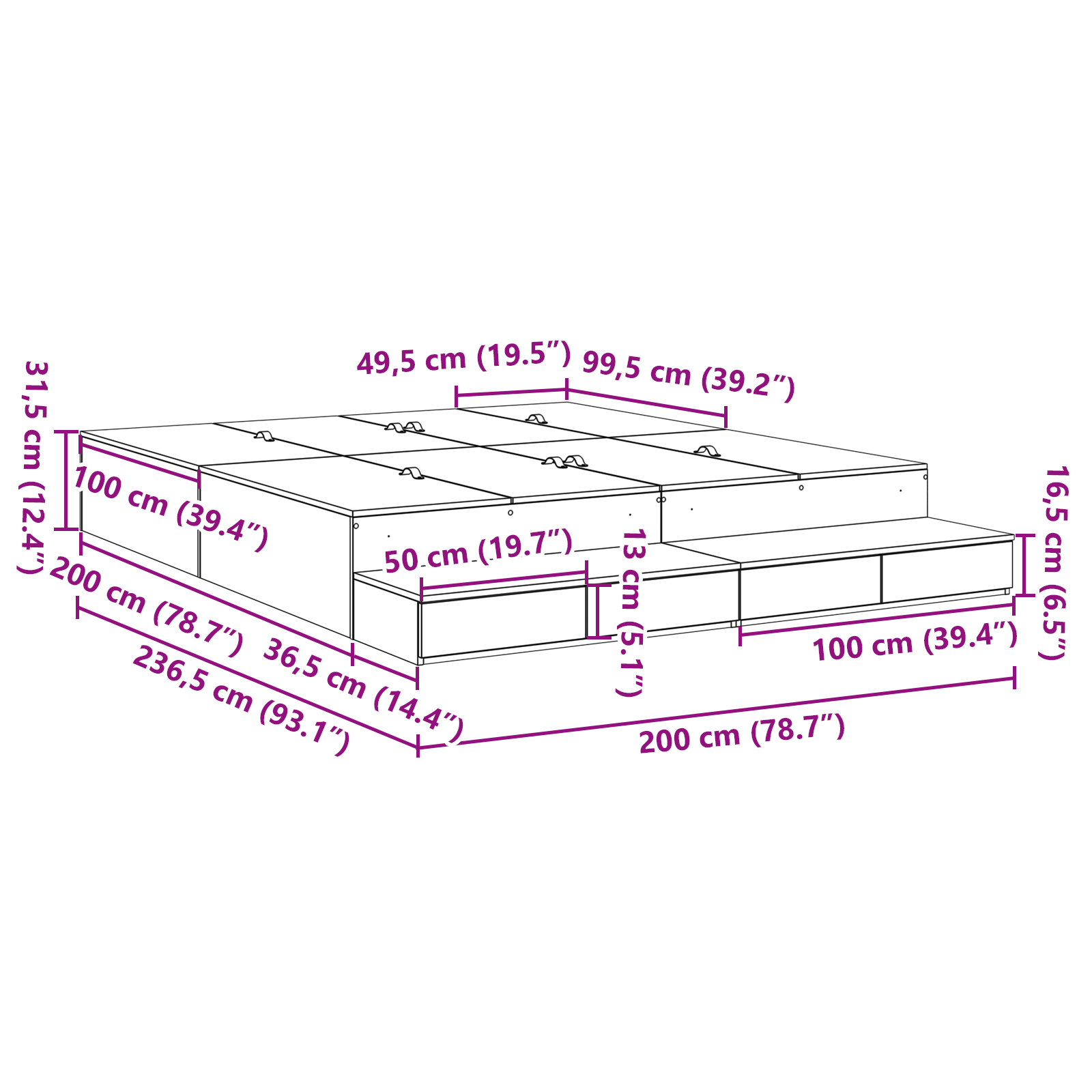 Seng med lagring med skuff Svart Eik 200 cm Konstruert tre