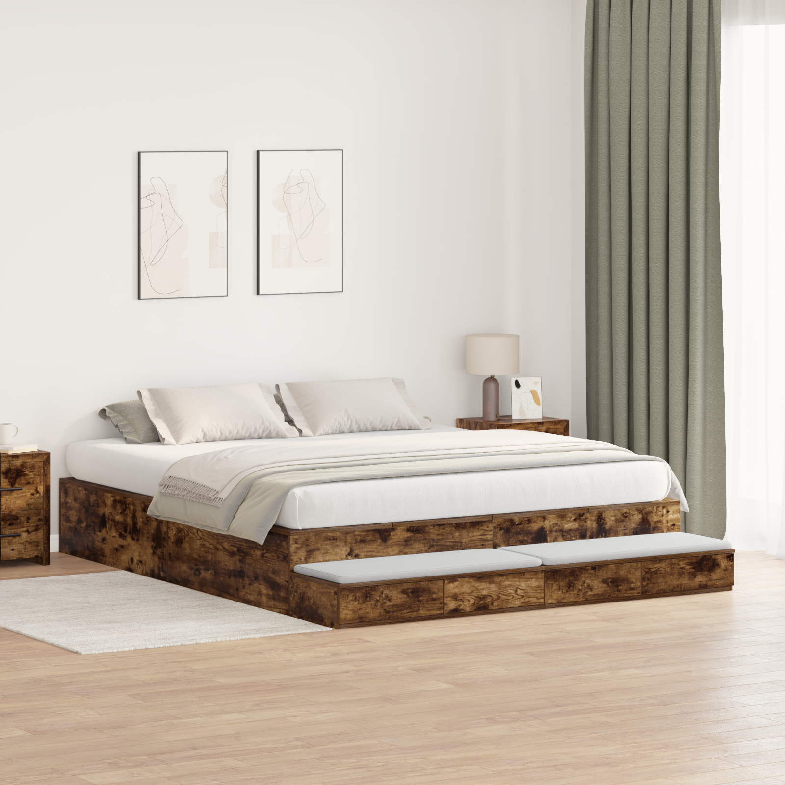 Seng med lagring med skuff Røkt eik 200 cm Konstruert tre