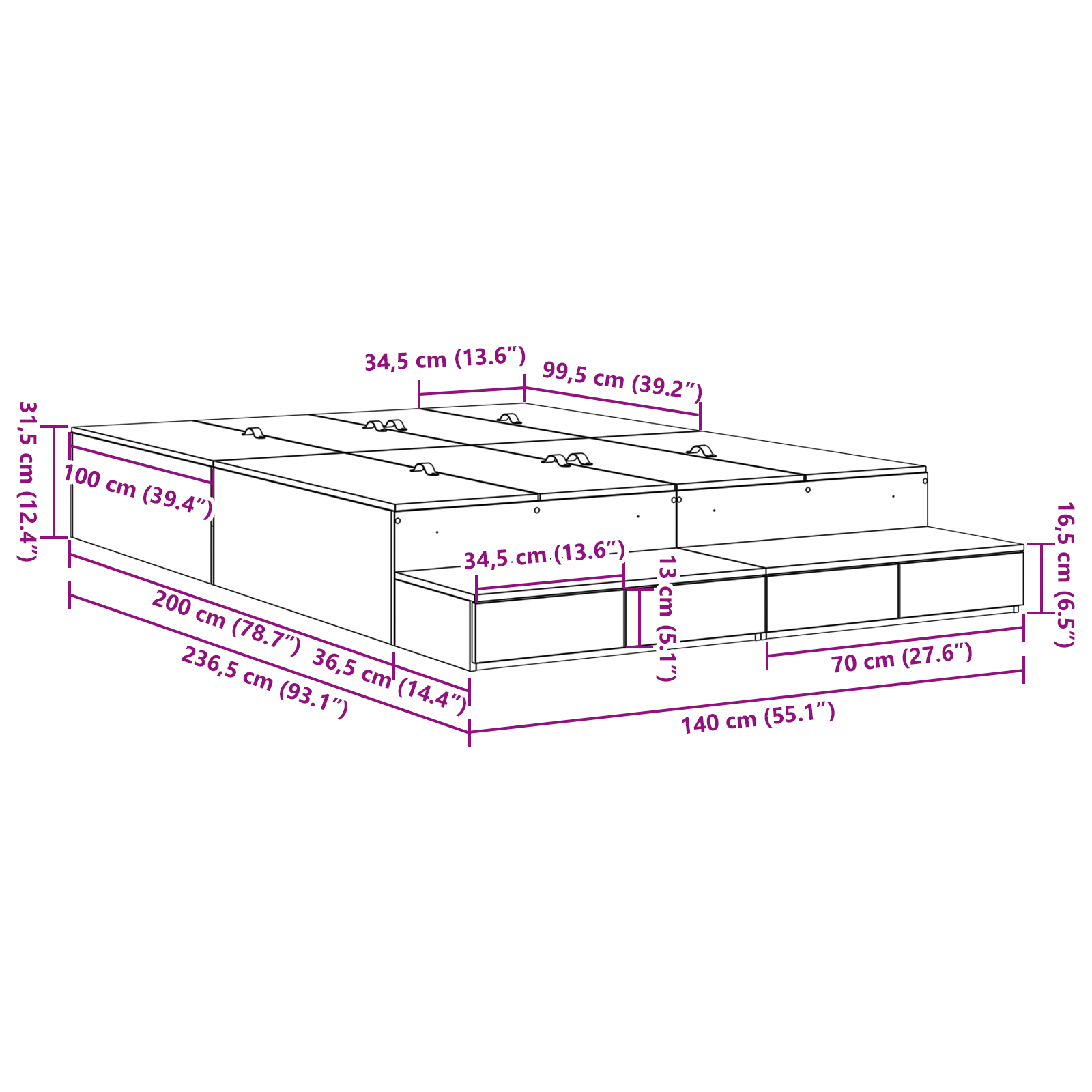 Seng med lagring med skuff Svart Eik 140 cm Konstruert tre