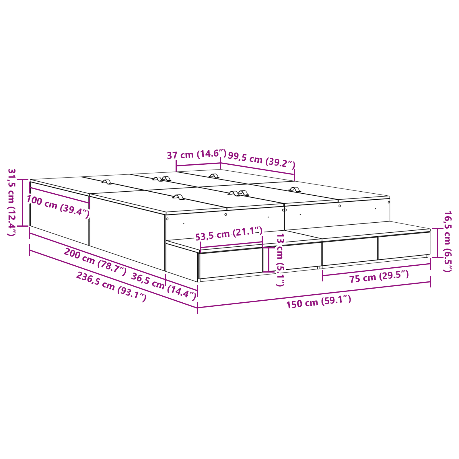 Seng med lagring med skuff Røkt eik 150 cm Konstruert tre