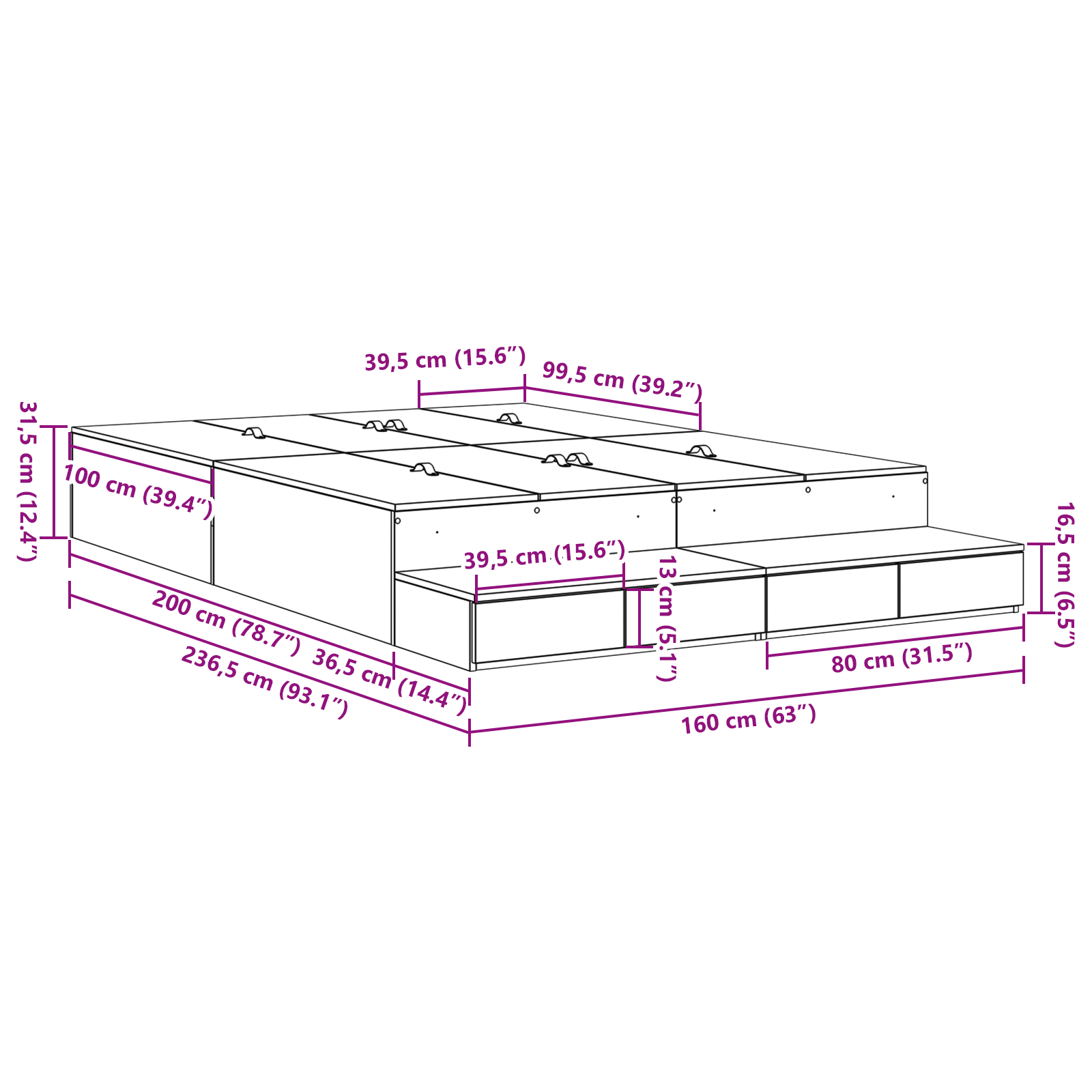Seng med lagring med skuff Svart Eik 160 cm Konstruert tre