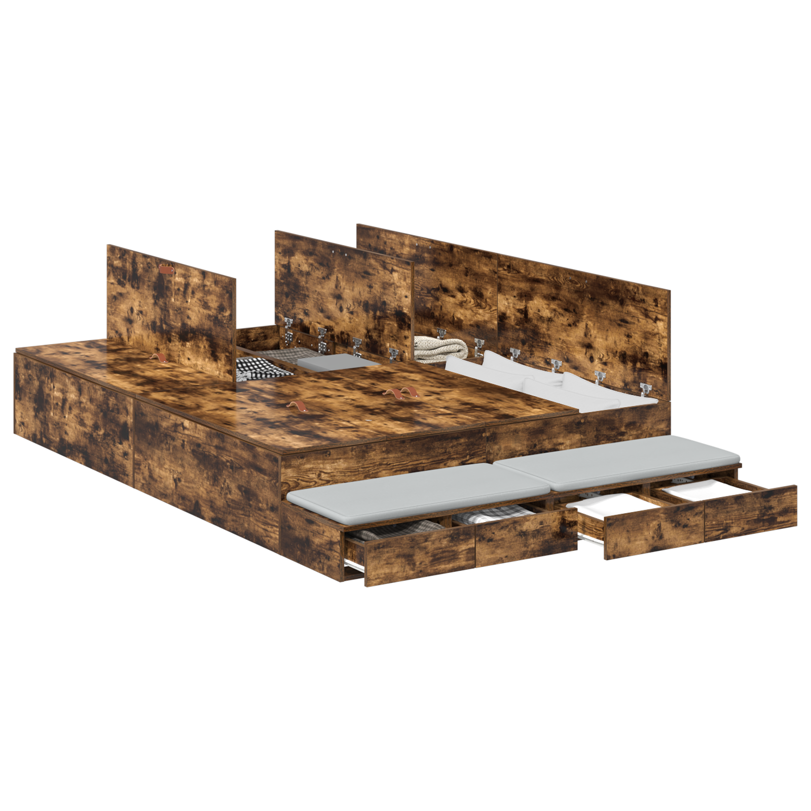 Seng med lagring med skuff Røkt eik 140 cm Konstruert tre