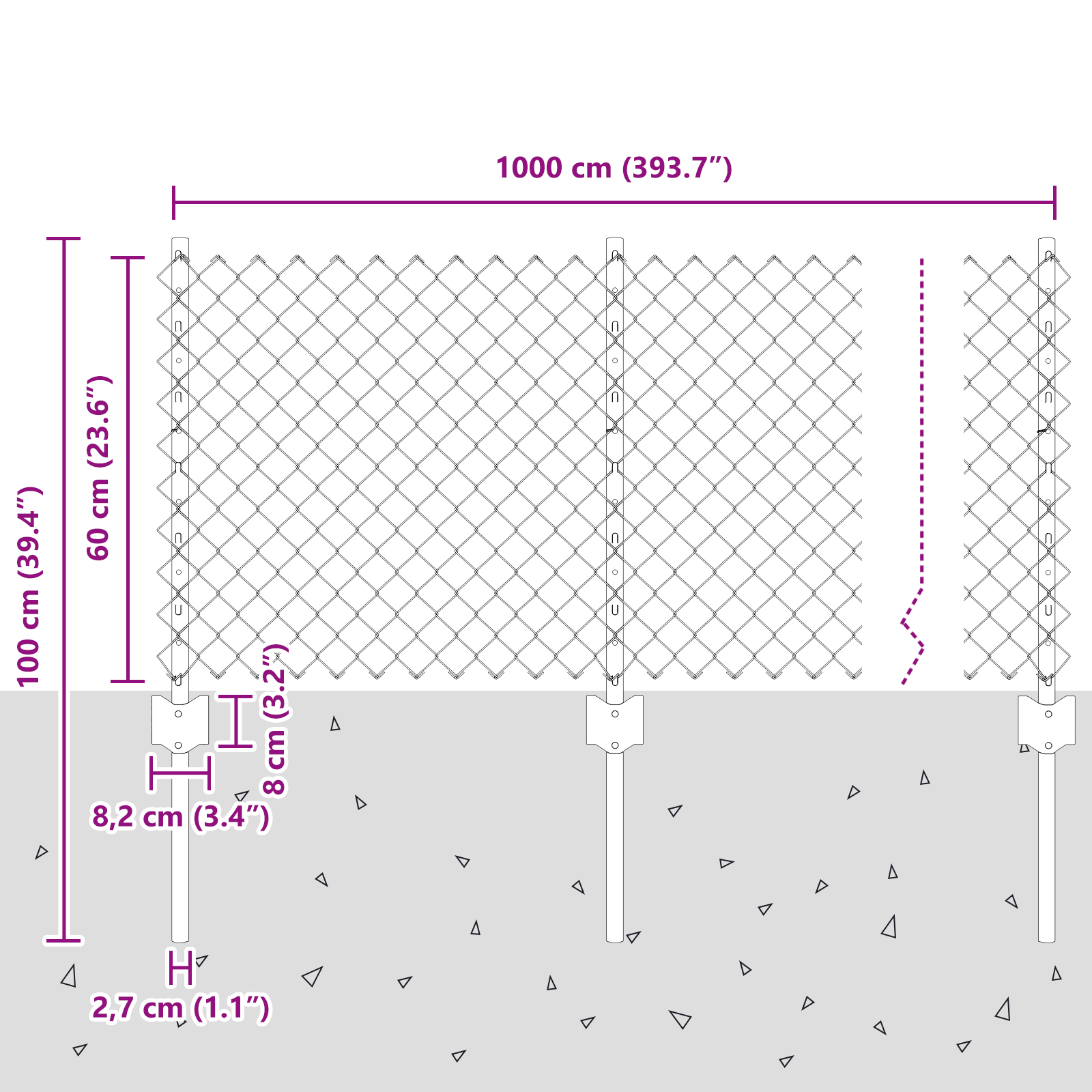 Gjerde med innlegg. sølv 0.6 x 10 m Stål