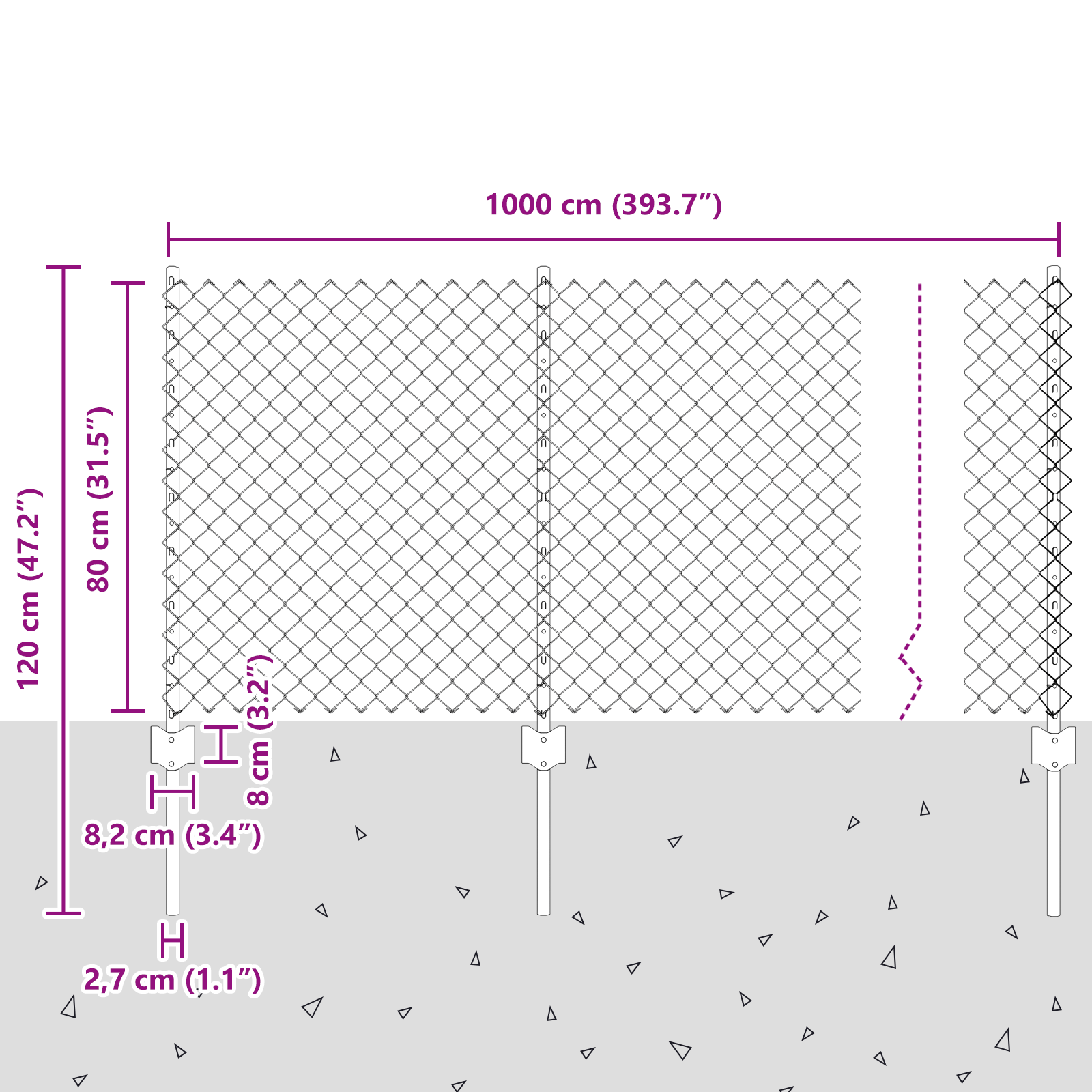 Gjerde med innlegg. sølv 0.8 x 10 m Stål