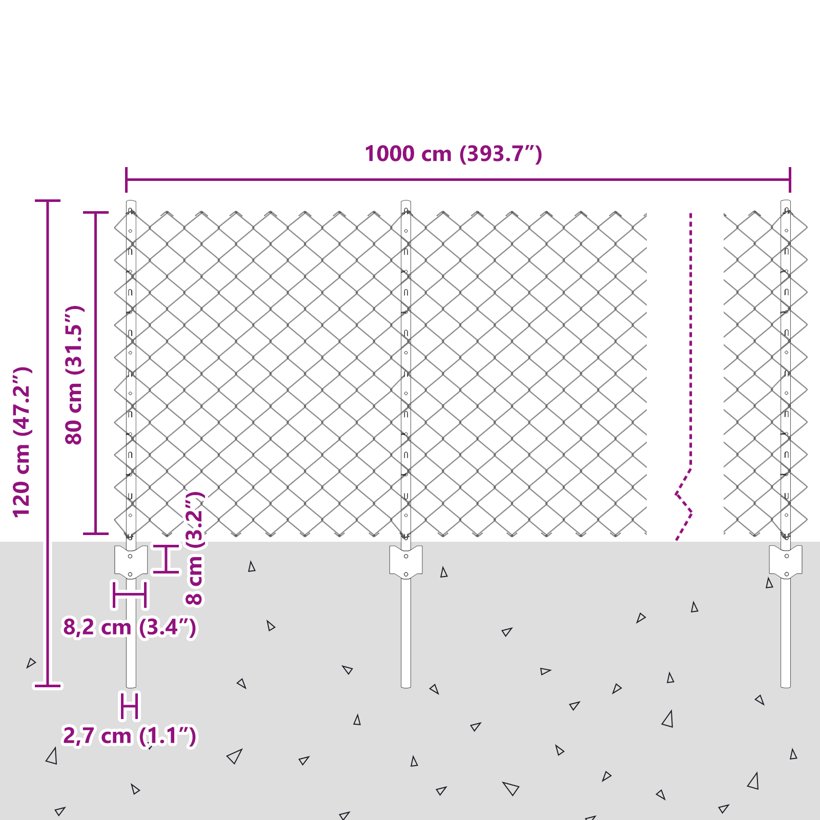 Gjerde med innlegg. sølv 0.8 x 10 m Stål