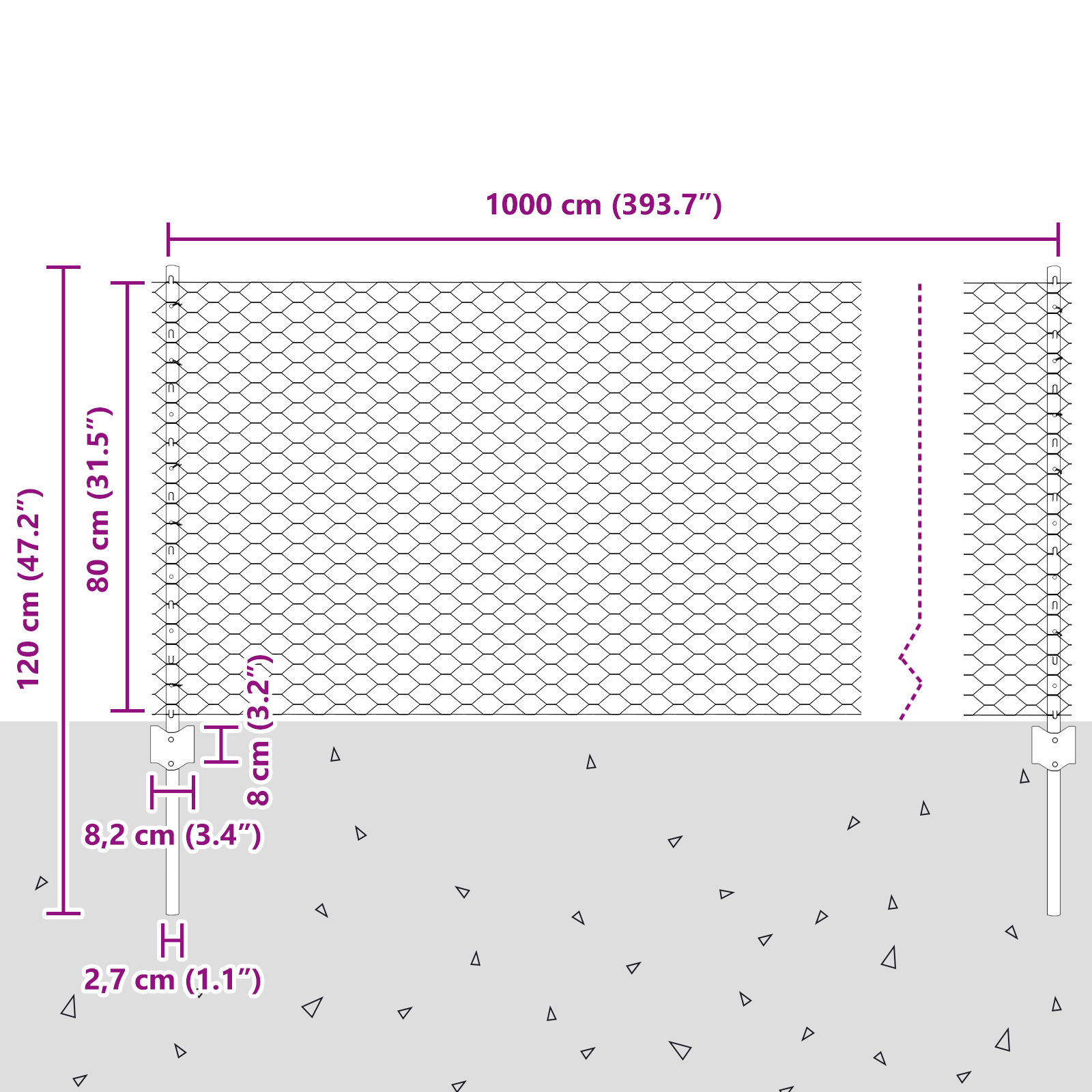 Gjerde med innlegg. sølv 0.8 x 10 m Stål