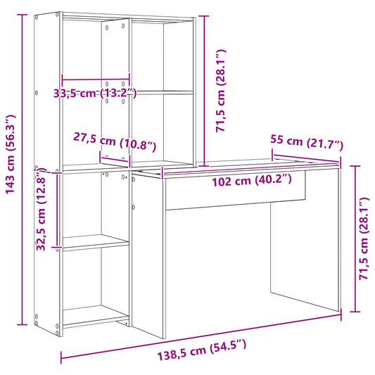 Skrivebord med hylle Hvit 138,5 x 55 x 143 cm Konstruert tre