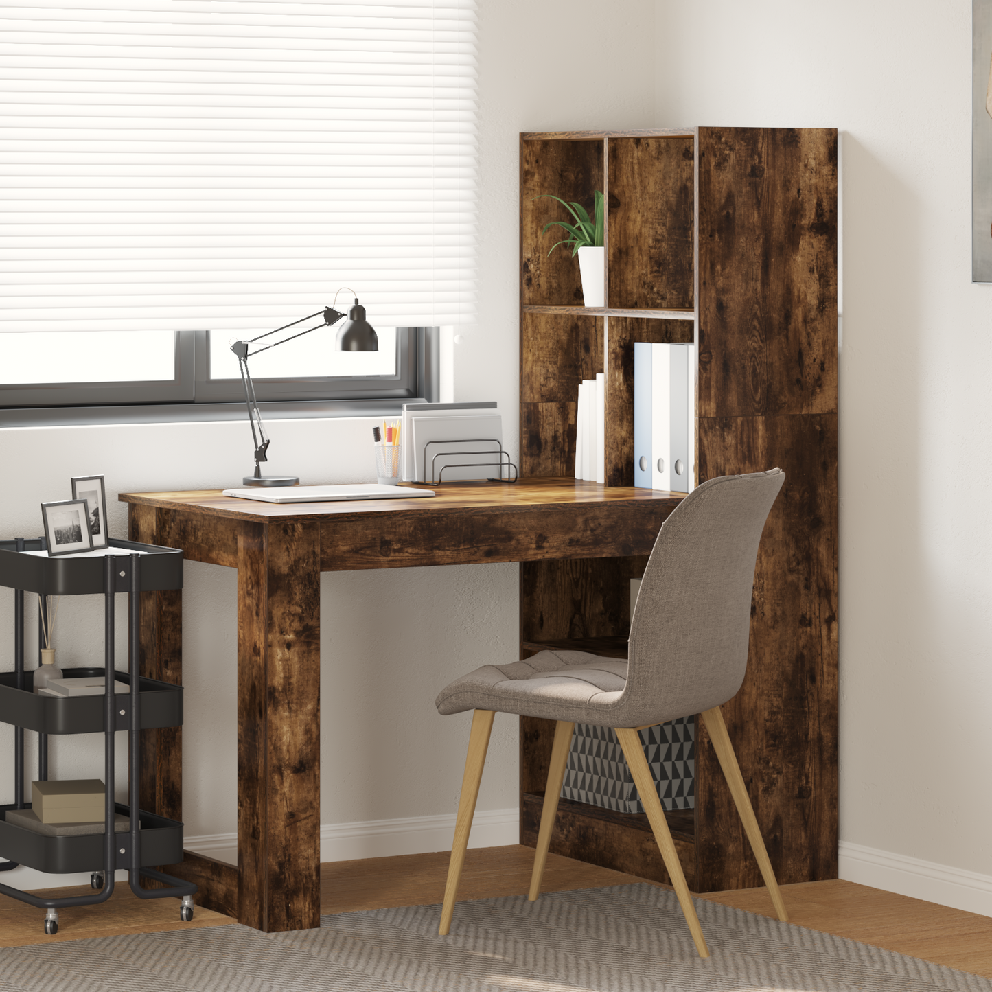 Skrivebord med hylle Røkt eik 122 x 67 x 145 cm Konstruert tre