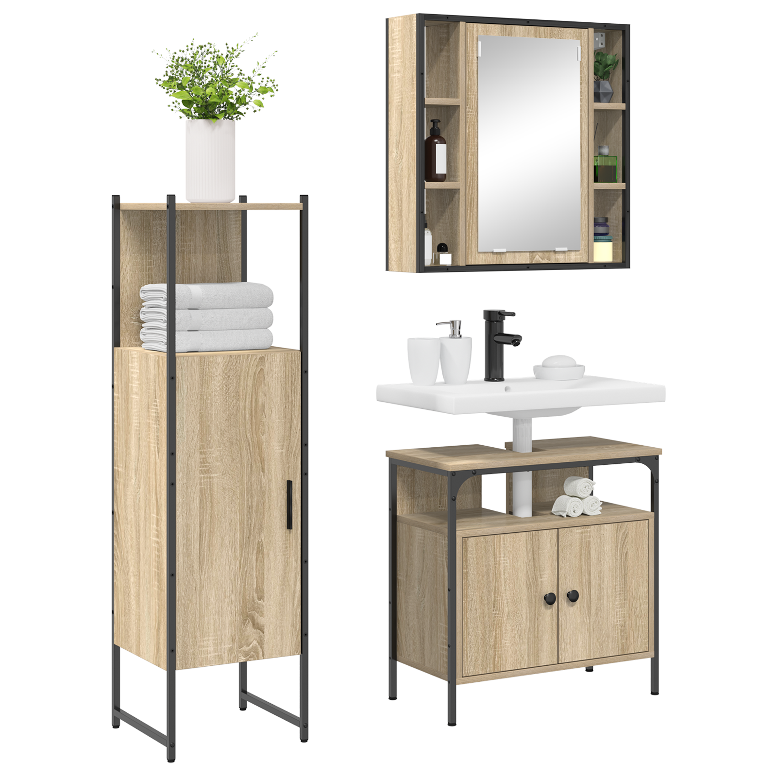 Baderomsinnredningssett med hylle 3 pcs Brun 33 x 33 x 120.5 cm