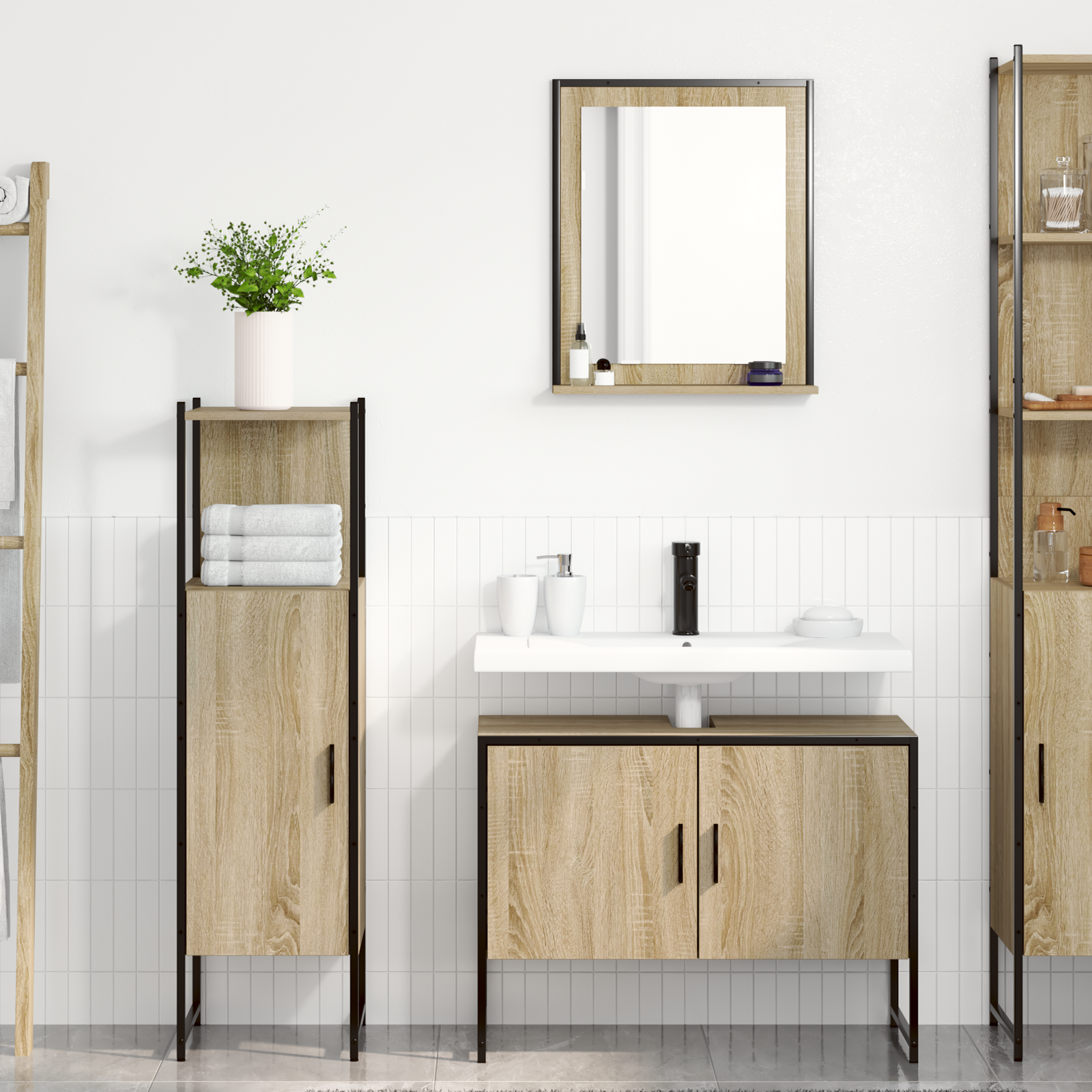 Baderomsinnredningssett med hylle 3 pcs Brun 33 x 33 x 120.5 cm