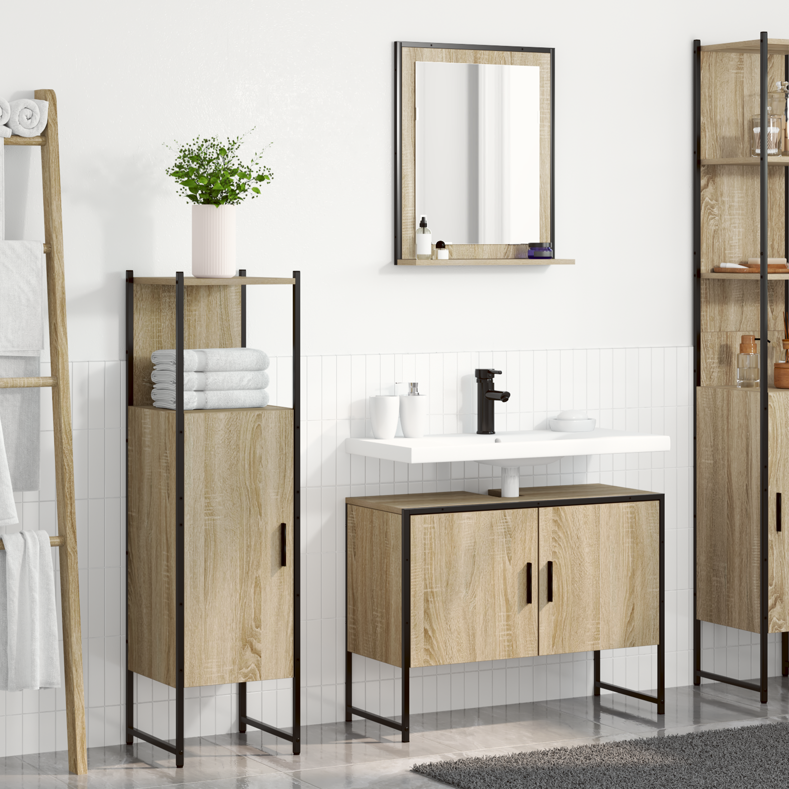 Baderomsinnredningssett med hylle 3 pcs Brun 33 x 33 x 120.5 cm