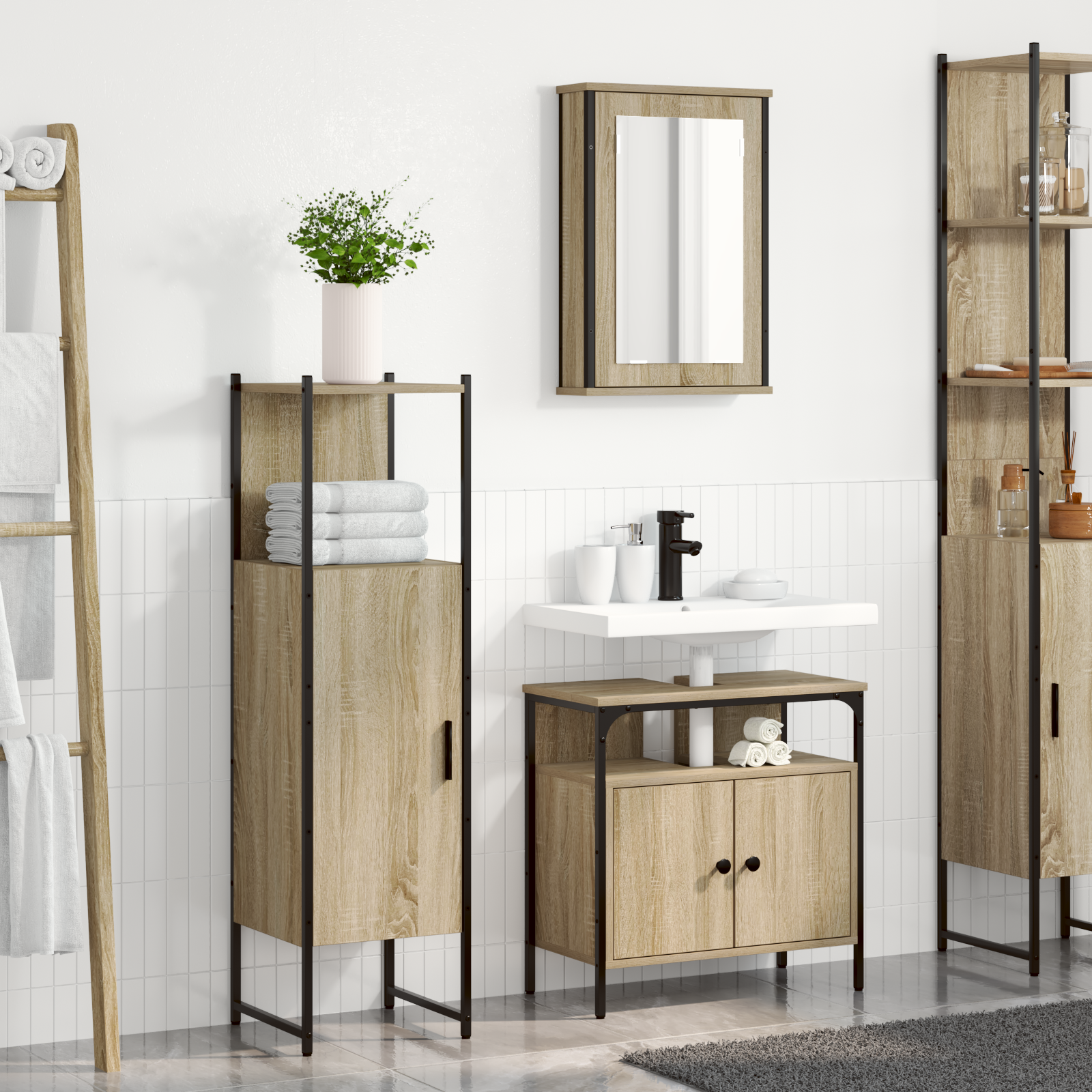 Baderomsinnredningssett med hylle 3 pcs Brun 33 x 33 x 120.5 cm